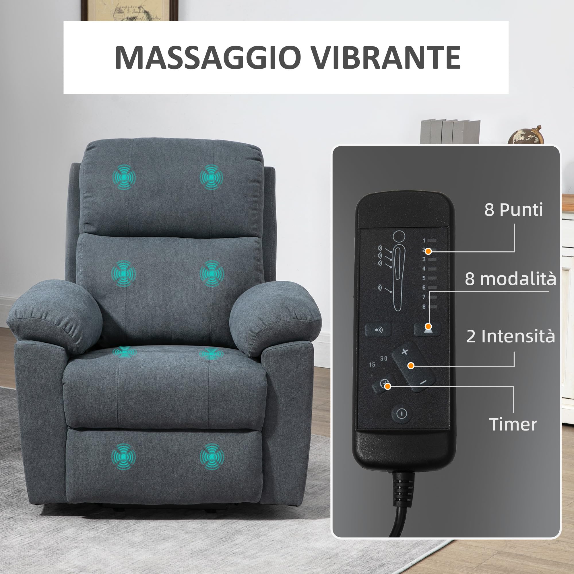 HOMCOM Poltrona Elettrica Alzapersona Reclinabile 135°, Poltrona Relax Elettrica in Tessuto Effetto Lino con 8 Punti Massaggio, Telecomandi, Poggiapiedi, 2 Tasche Laterali per Soggiorno, Grigio