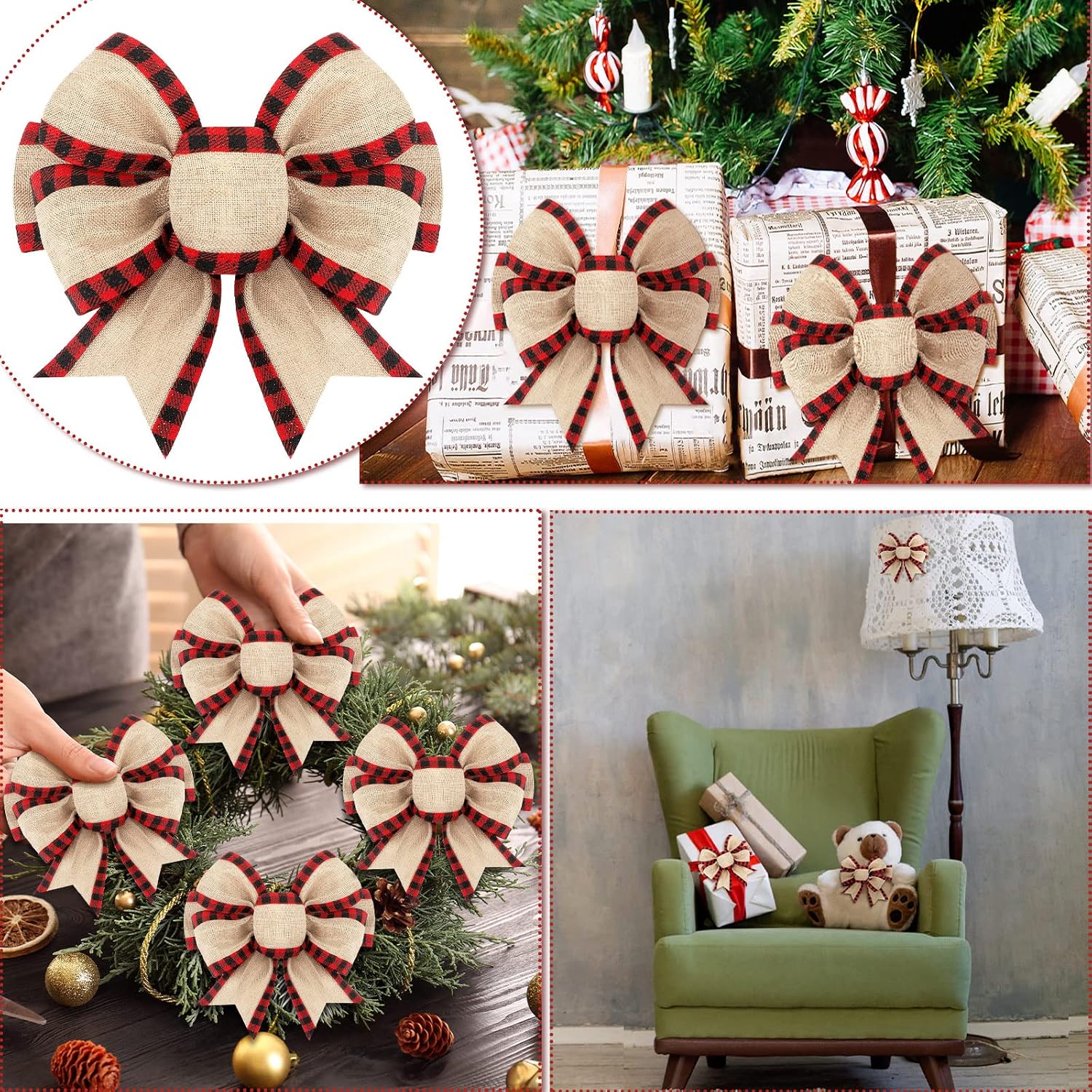 Geosar 4 Pcs 6in Christmas Buffalo Plaid Bows Decor,Red and Black,Classic | Christmas Burlap Gingham Craft Bow, Xmas Tree Wreath Decor, Reusable, for Xmas Party Birthday Gift Wrapping, Farmhouse Ribbon