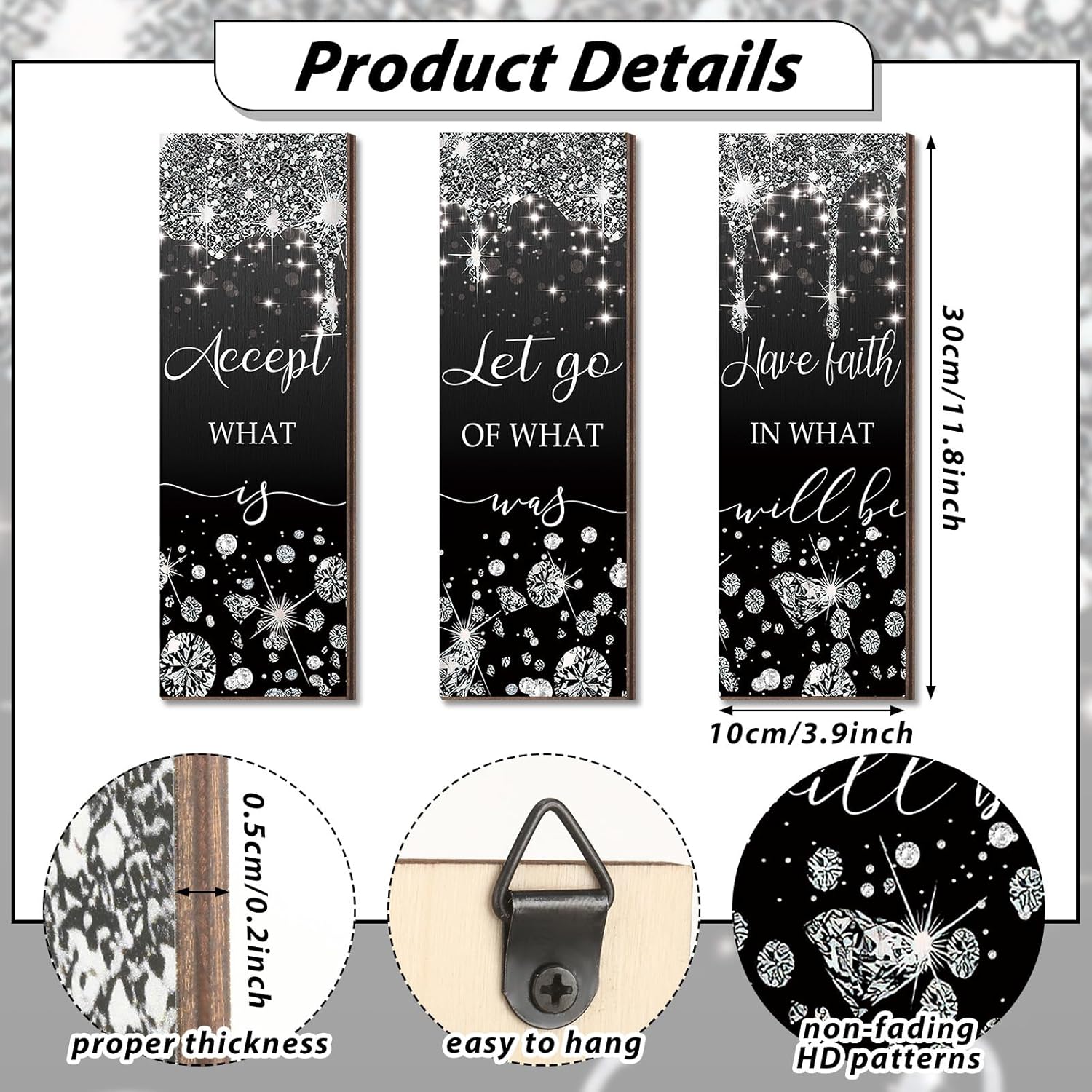 Domensi 3 Pcs Black and Silver Living Room Decorations Glitter Diamond Bathroom Wall Decor Wooden Accept Let Go Have Faith Wall Art Bathroom Decor Black Silver Shiny Drips Hanging Sign for Home Spa