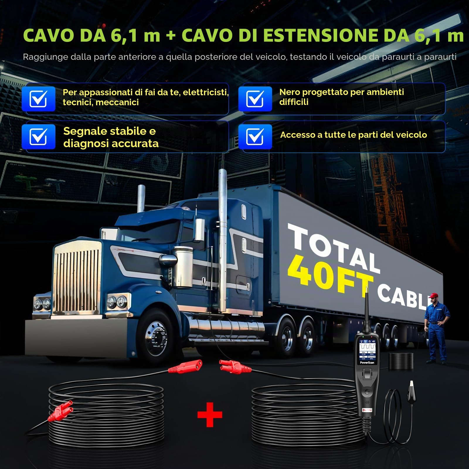 Autel® PowerScan PS100 Tester Circuiti Auto, PowerProbe 12-24V, Rilevatore Cortocircuiti, Rilevatore Cortocircuito, Multimetro Digitale Test Resistenza Relè & Diodi, Controllo Terra, Cavo 12M (Nero)