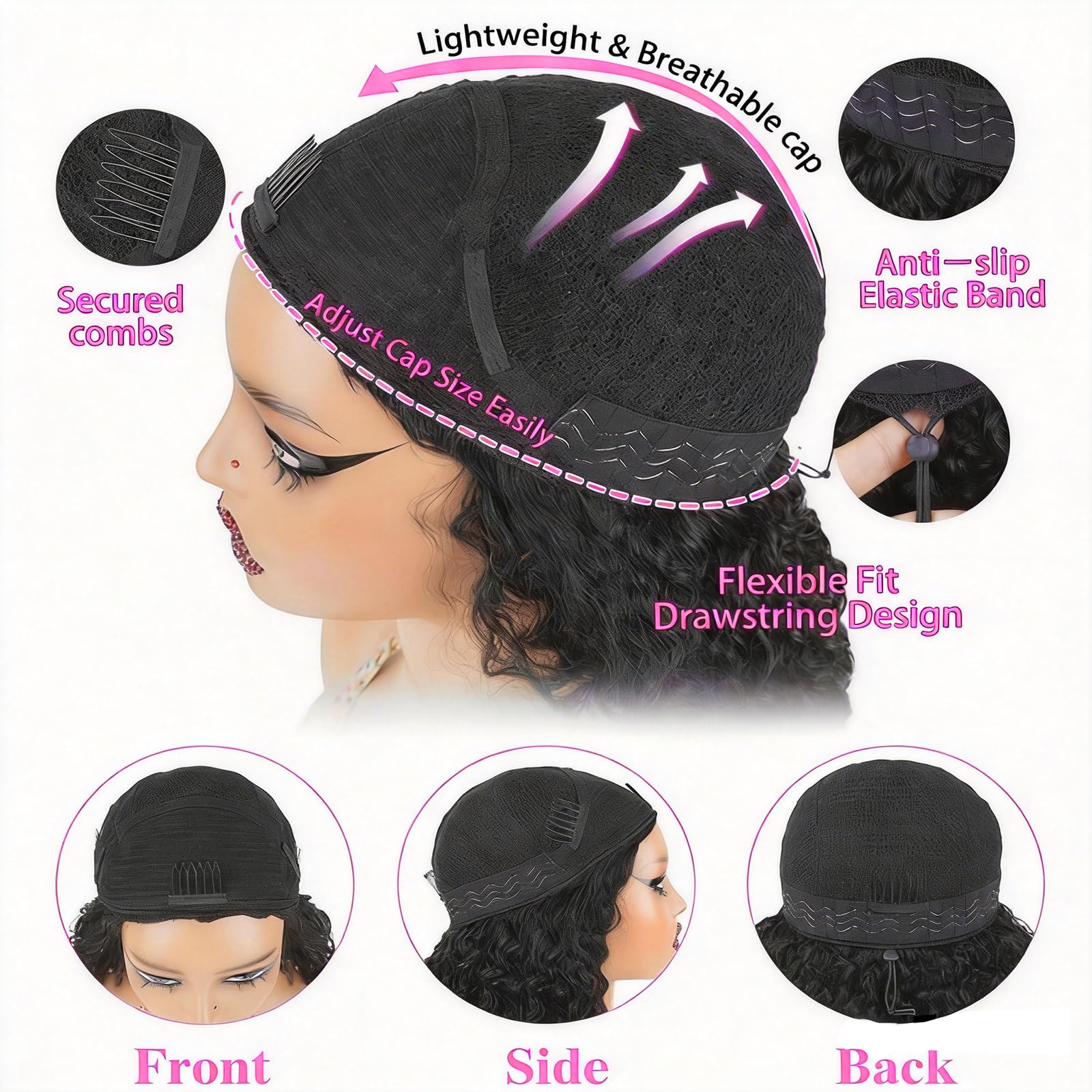 Curly Half Wig Human Hair, Glueless Drawstring Wear and Go