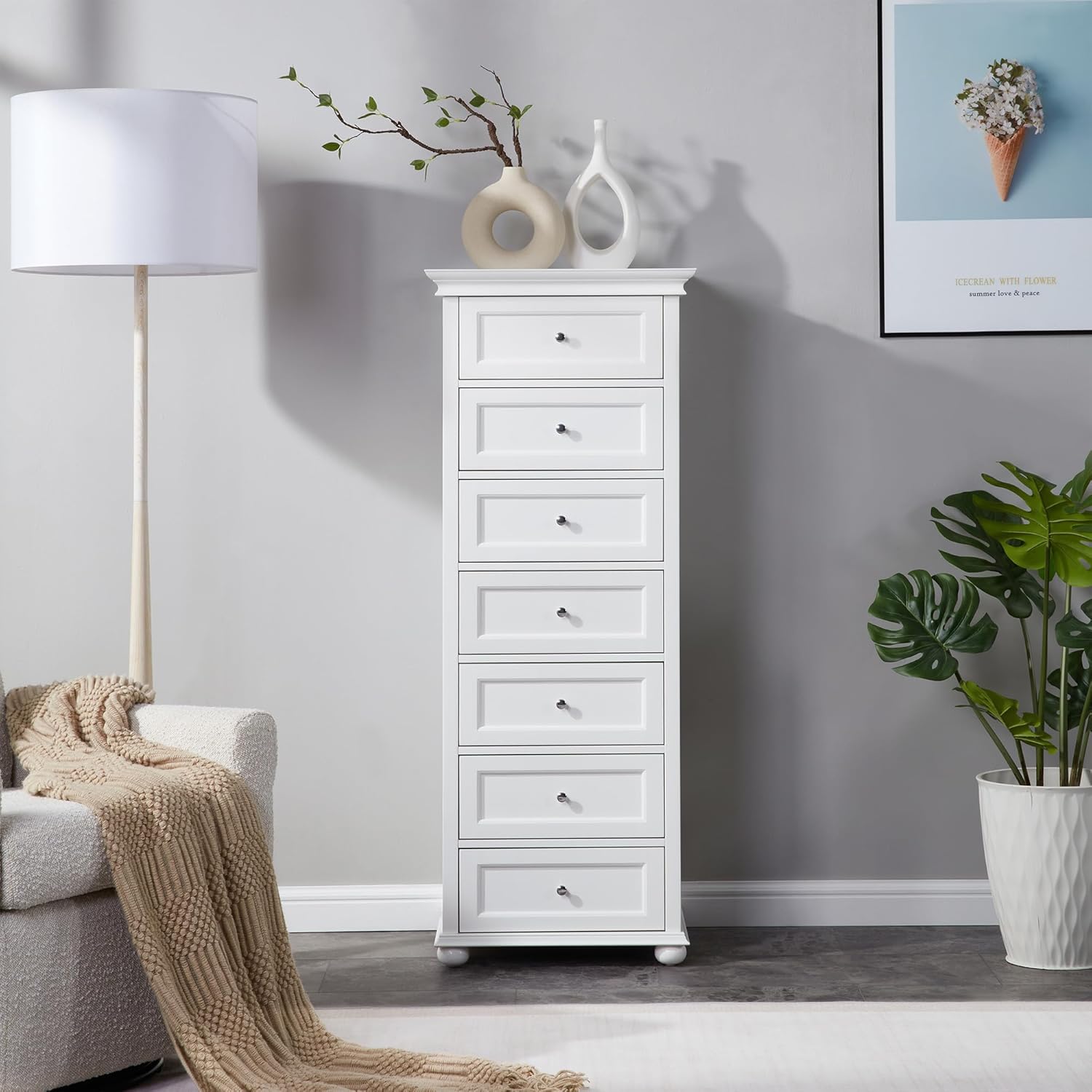 Tall White Dresser for Bedroom with 7 Drawers, 52" Tall Chest of Drawers Modern Wooden Lingerie Chest with Crown Molding and Solid Wood Ball Legs, Anti-0xidation Zinc Alloy Knob(White)