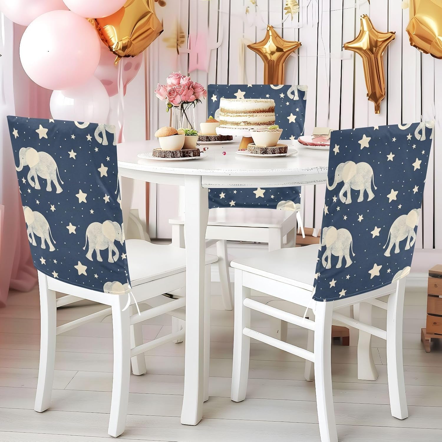 ALAZA Elephants Stars Chair Back Cover Set of 6, Washable Reusable Removable Chair Slipcovers Decorative Chair Cover for Home Kitchen Wedding Party