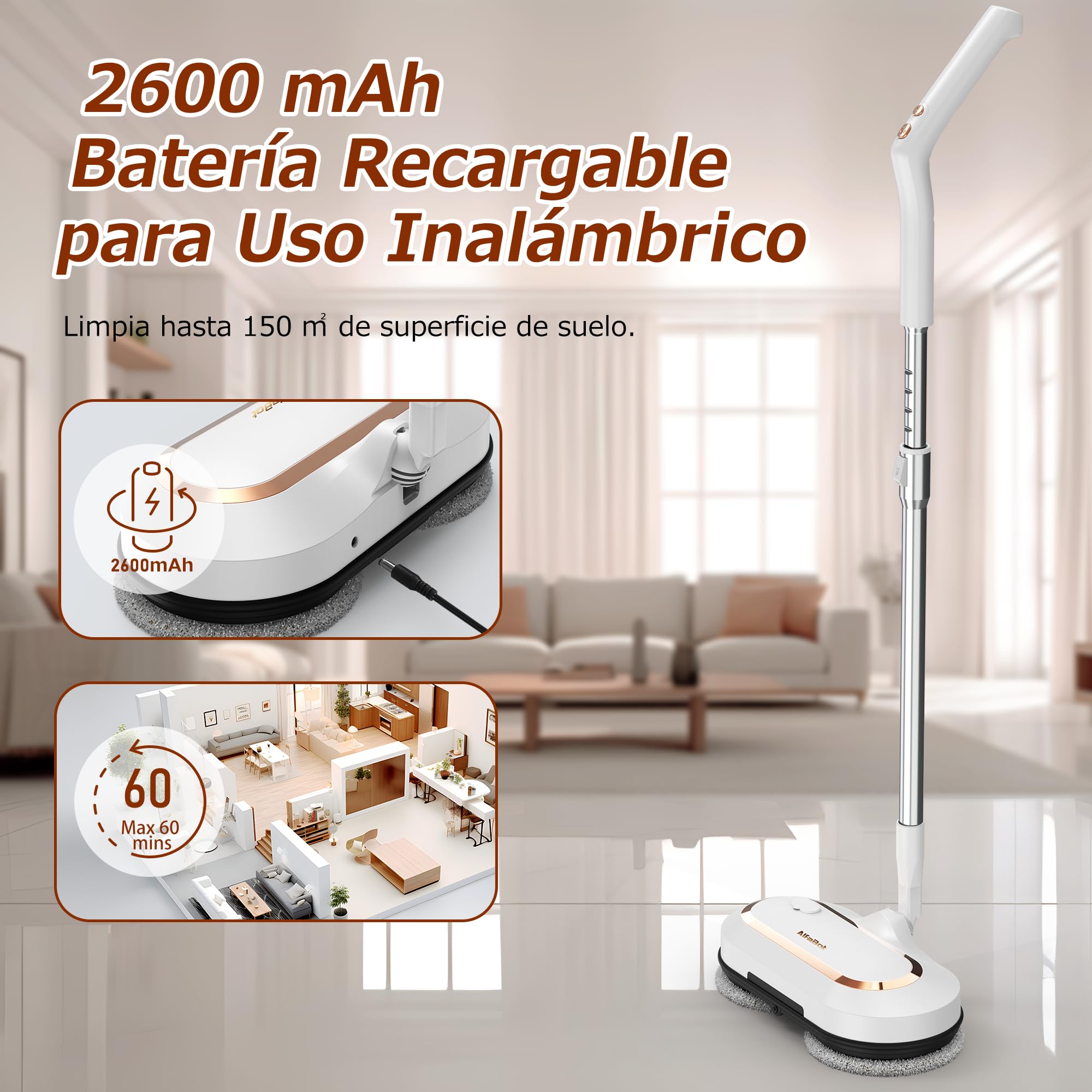 AlfaBot S2, Frefona Eléctrica Inalámbrica 400ML, 60min de Autonomía, Mopa Eléctrica sin Cable con Función de Pulverización y LED, Para Limpiar, Fregar y Pulir para Suelos de Madera y Baldosas
