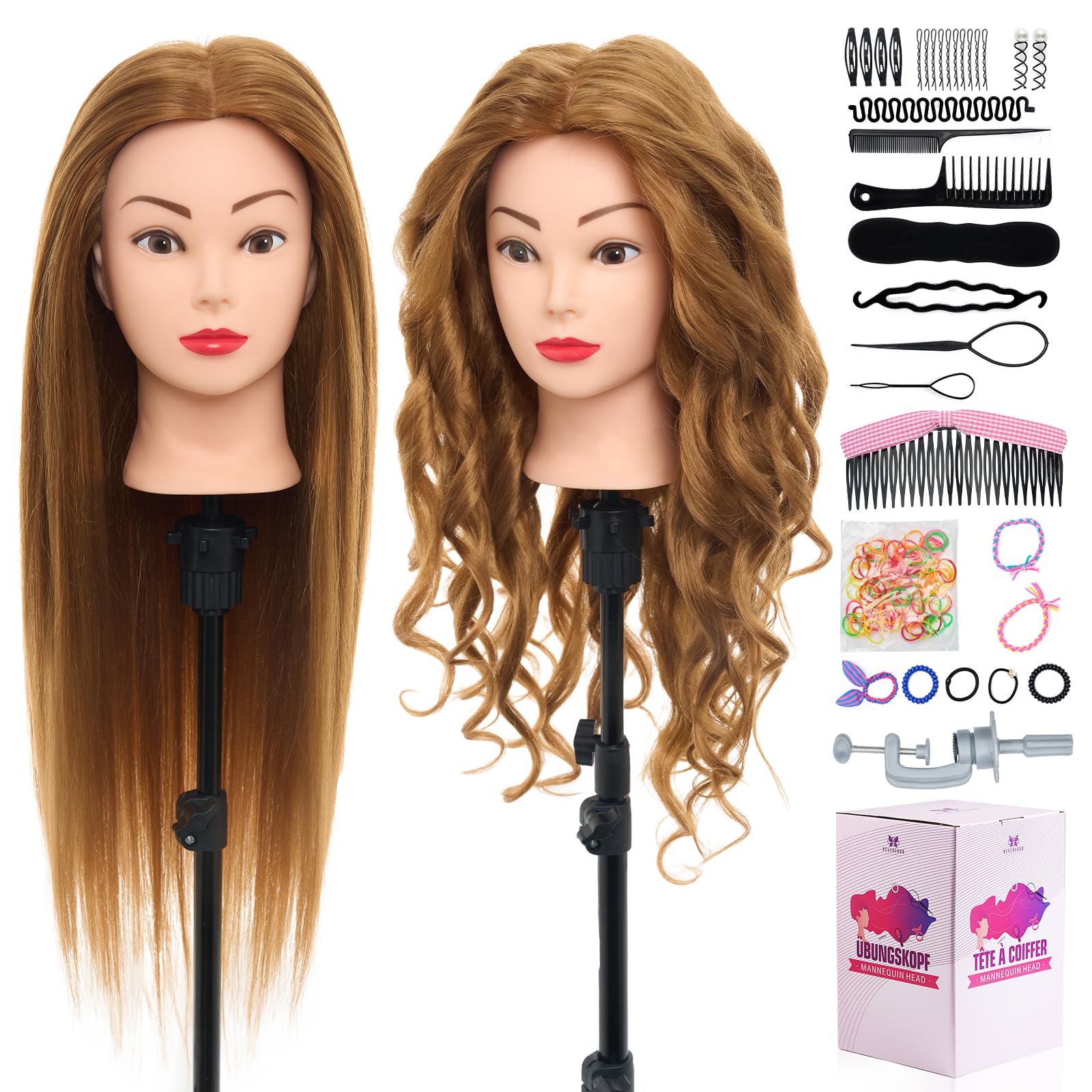 Neverland Frisierkopf 80% Echthaar 24 Zoll Friseurkopf mit Tischhalter und Haar Styling Braid Set