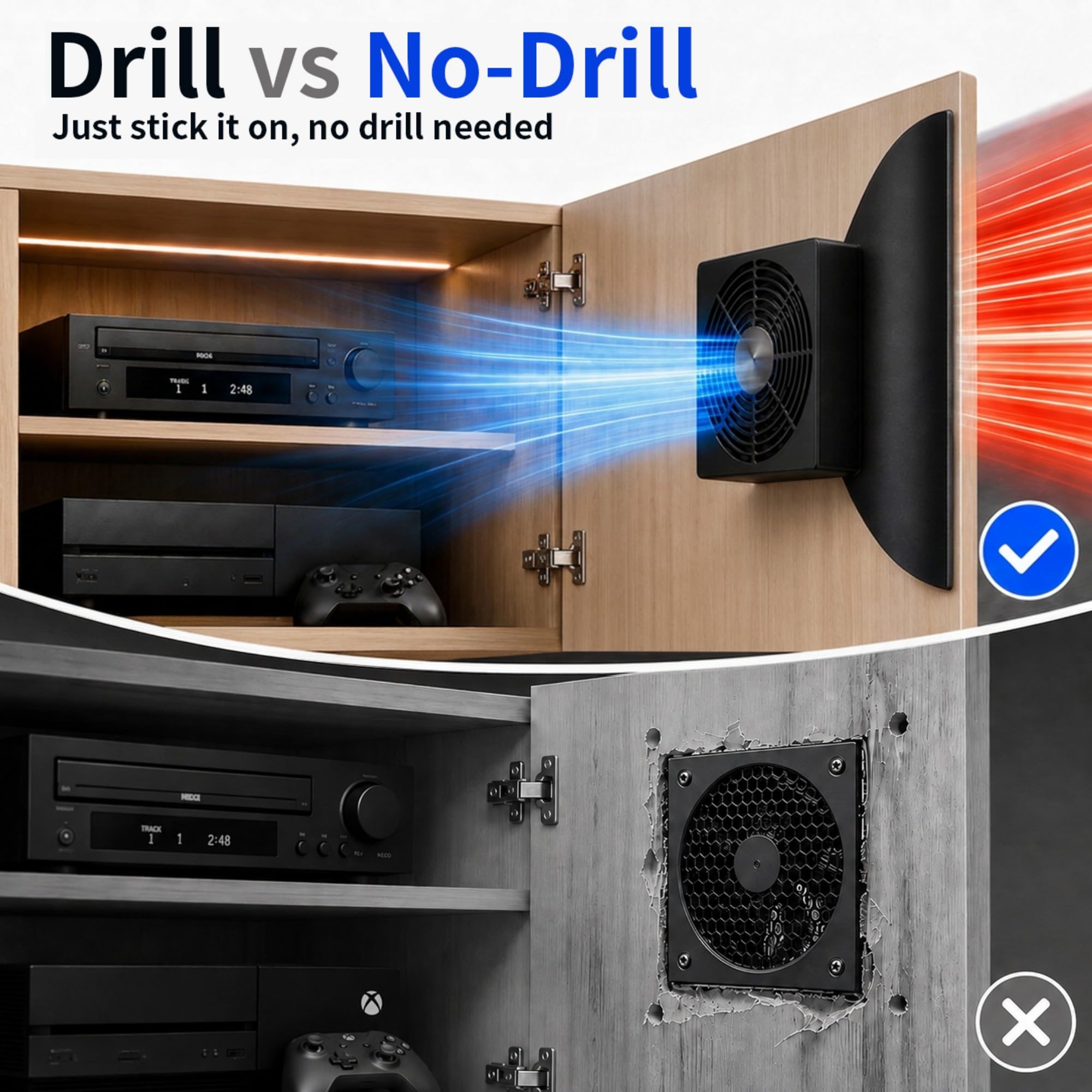 Ventilateur de refroidissement pour armoire, alimentation USB 5 V, installation sans perçage pour armoire AV, home cinéma, boîtier électronique, ventilateur d'échappement de 120 mm avec contrôleur de