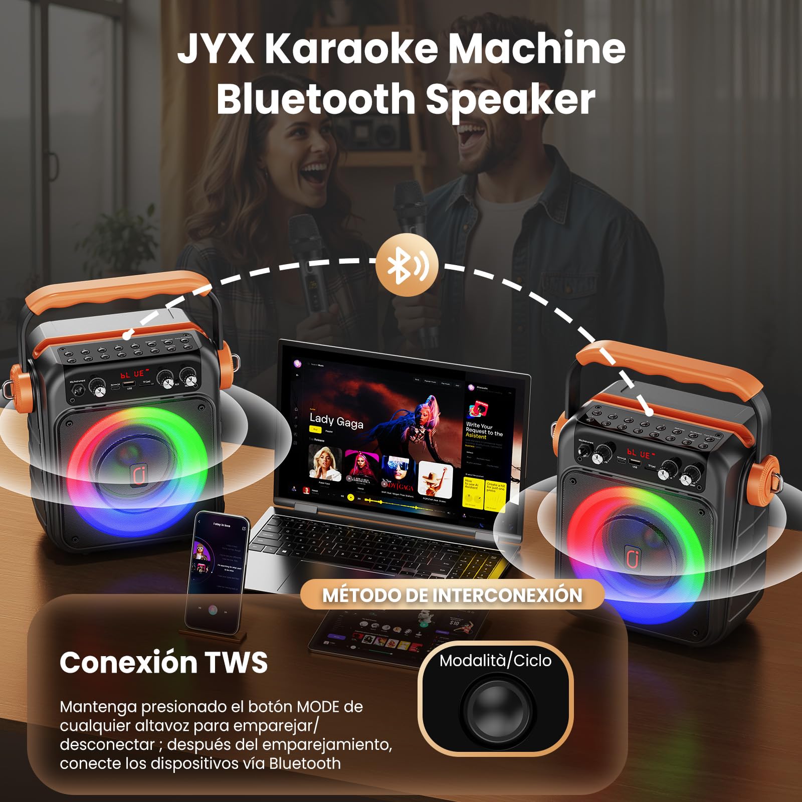 JYX Karaoke con 2 micrófonos inalámbricos: Altavoz portátil Karaoke Bluetooth 5.3, Sistema PA para Familiares con subwoofer, Soporte Rec/AUX/USB/TF, Disponible como Regalo Adultos y niños