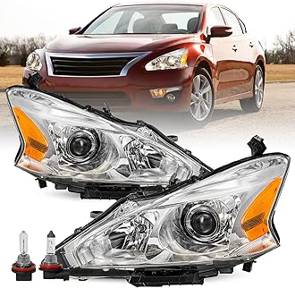 Headlight Assembly Compatible with 2013 2014 2015 Nissan Altima 4-Door Sedan Halogen Headlamps 13 14 15 Altima 4Dr Chrome Housing Amber Reflector Driver Passenger Side Bulbs Included