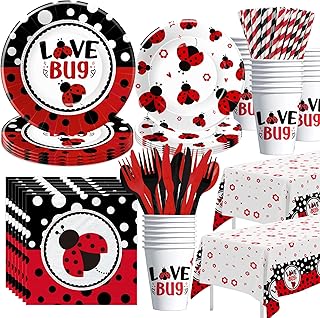 Xigejob Ladybug Birthday Party Decorations Tableware, Ladybug Party Supplies Girl, Plate, Cup, Napkin, Tablecloth, Cutlery, Straw, Lady Bug Theme Birthday Baby Shower Decorations Dinnerware | Serve 24