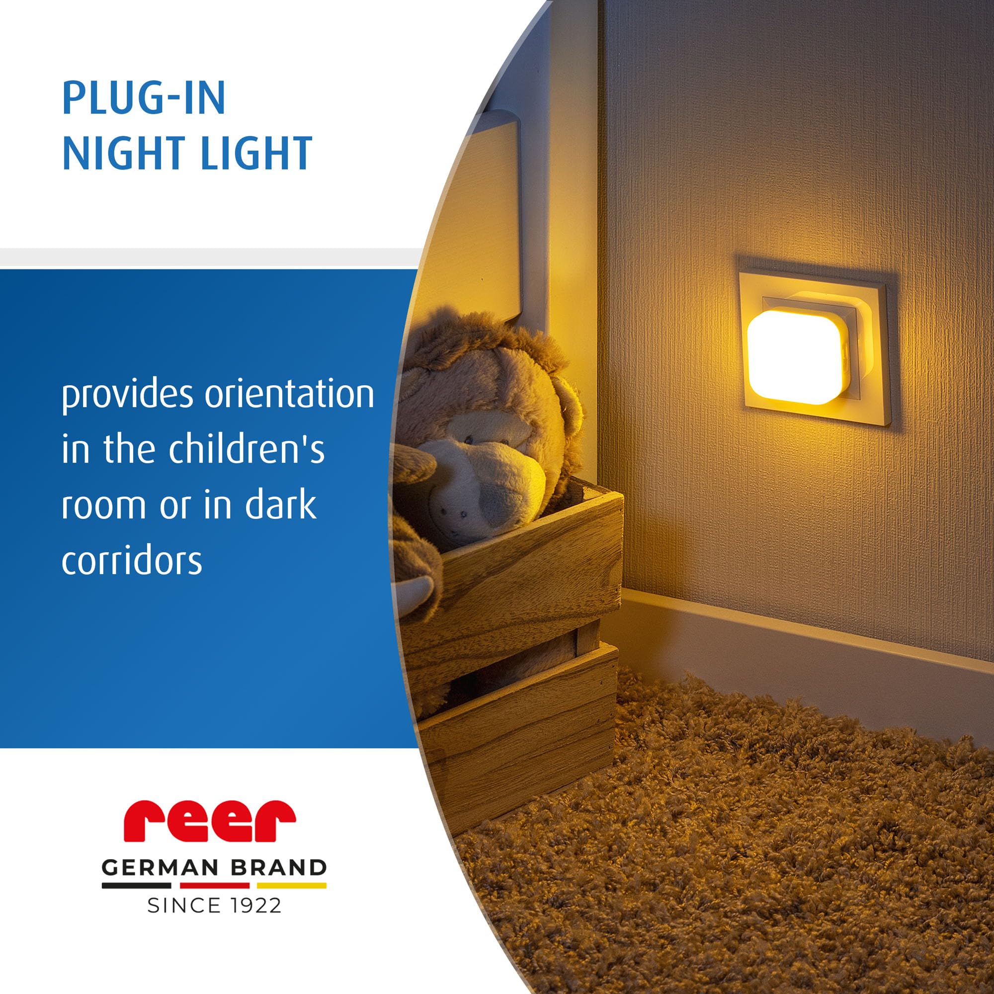 reer SleepLight 2 w 1 | lampka nocna do gniazdka elektrycznego i z zasilaniem akumulatorowym | tryb On-Off i czujnik | nastrojowe światło dla dzieci | niebiesko-szara