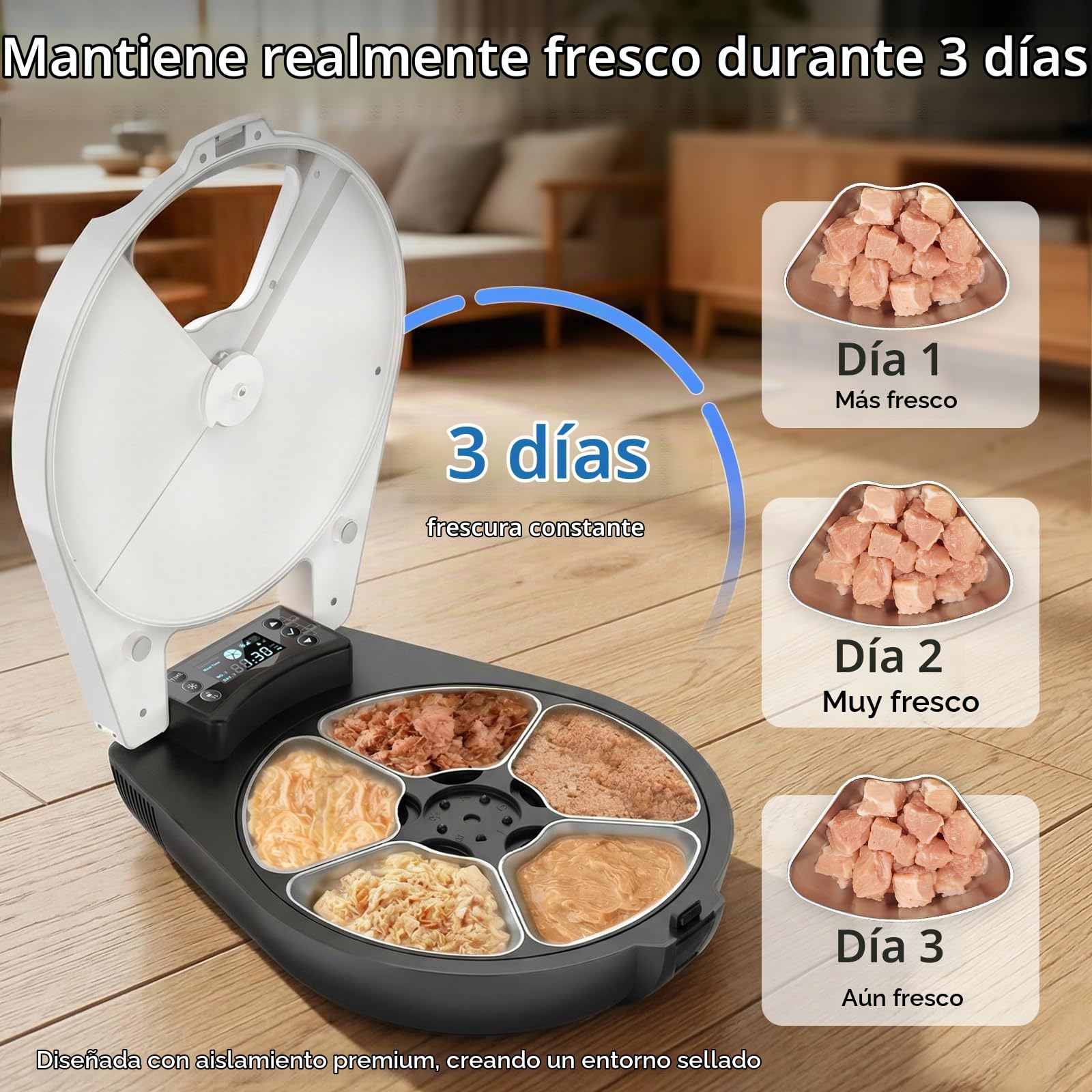Comedero Gato Automatico Comida Humeda, 5 Comidas Frescas para 3 DíAs, Sistema De Refrigeración Y Calefacción por Semiconductores, Recipiente de Acero Inoxidable 304, Dispensador Programable Gatos