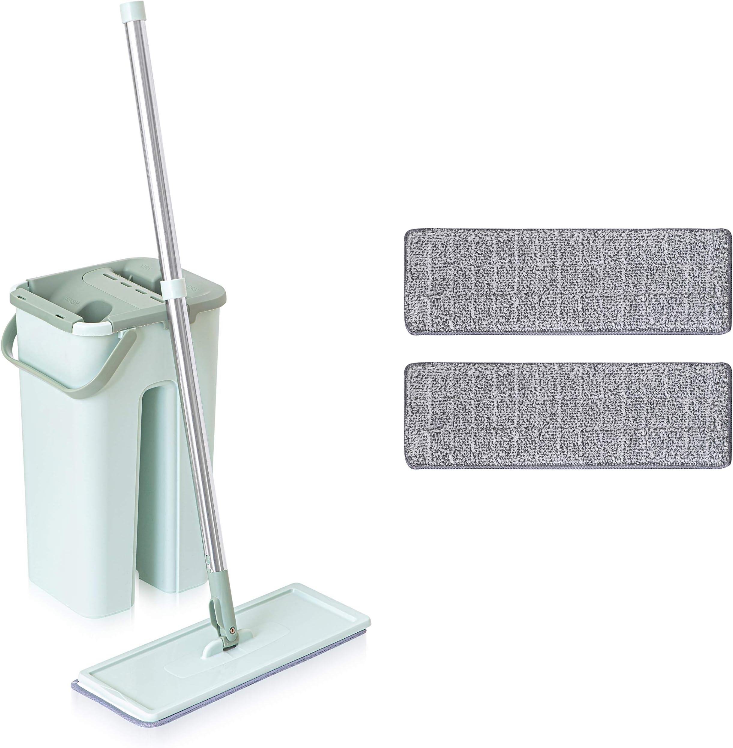 Flat Mop and Bucket Set - Dual Wash & Dry Cleaning Bucket - Includes 2 Washable Microfiber Mop Pads - Green