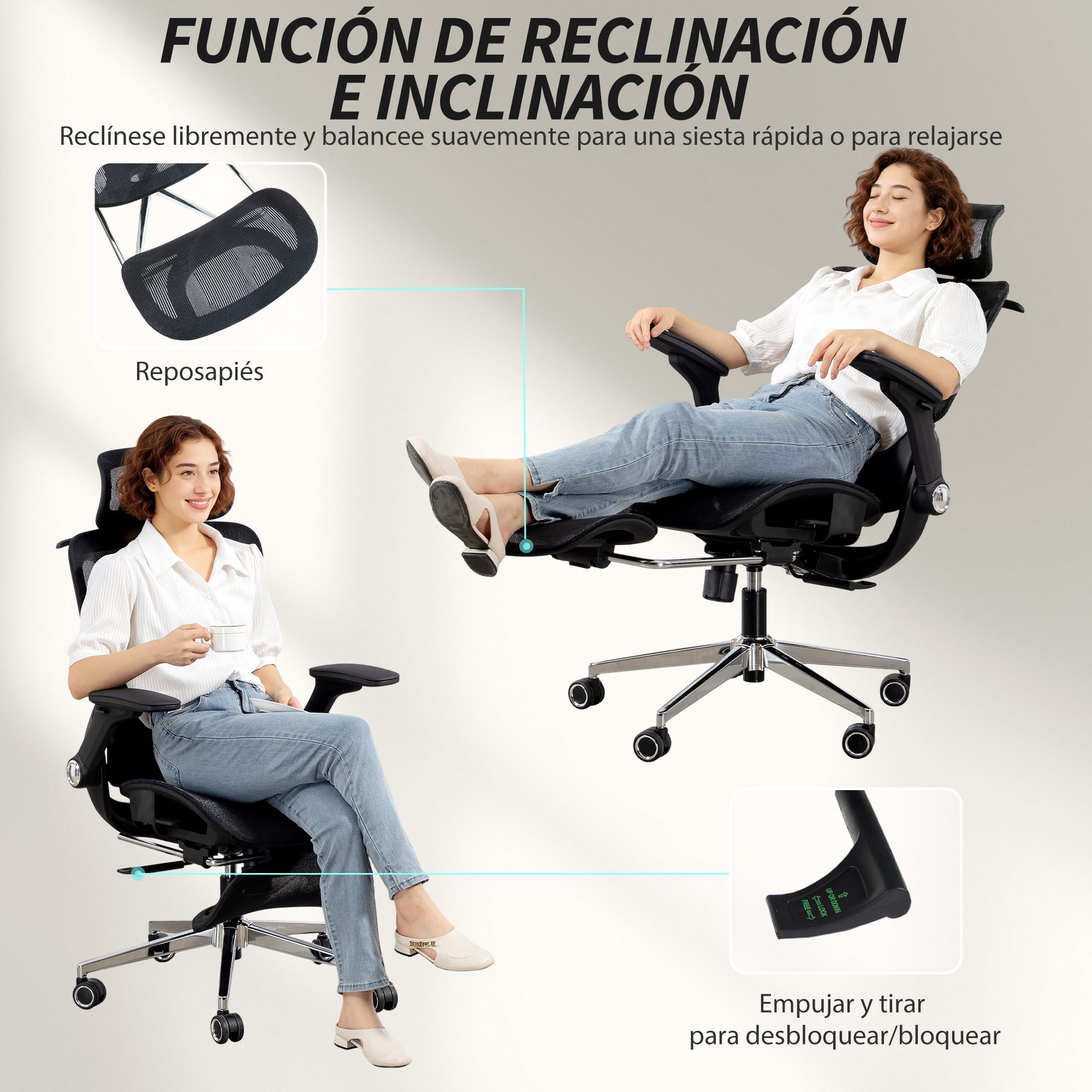 HOMCOM Silla de Escritorio Ergonómica con Reposapiés, Malla Transpirable | Silla de Oficina Giratoria, Respaldo Reclinable y Alto, Soporte Lumbar, Reposacabezas Ajustable, Reposabrazos 4D, Ruedas
