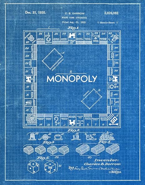 amazon com fresh prints of ct original monopoly game artwork submitted in 1935 toys and games patent art print blueprint posters prints