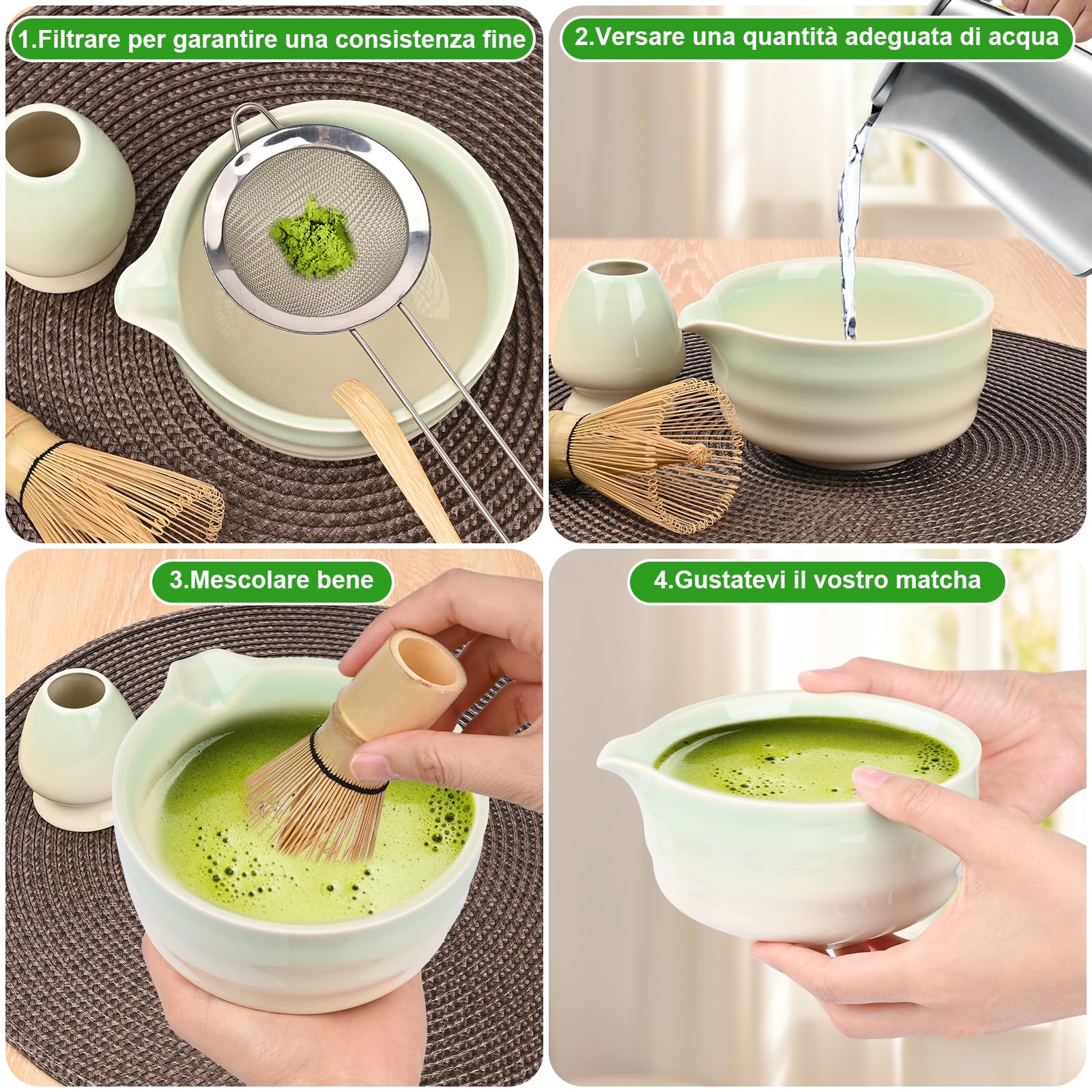 5 Set Matcha,Matcha Cerimoniale,Matcha set da tè matcha,con Frusta Matcha in bambù cucchiaio ciotola e supporto,regalo per gli amanti del matcha Verde a Gradiente