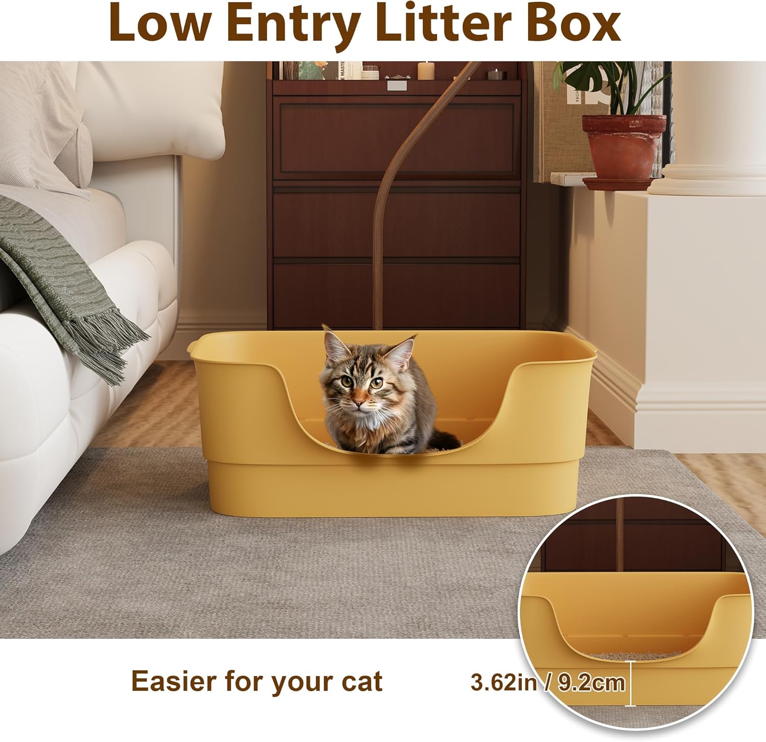 Extra Large Cat Litter Box for Big Cats - High Sides & Low Enter Design, 23.43x16.73x8.46 Inches Spacious Anti-Spill Pet Toilet（Yellow）