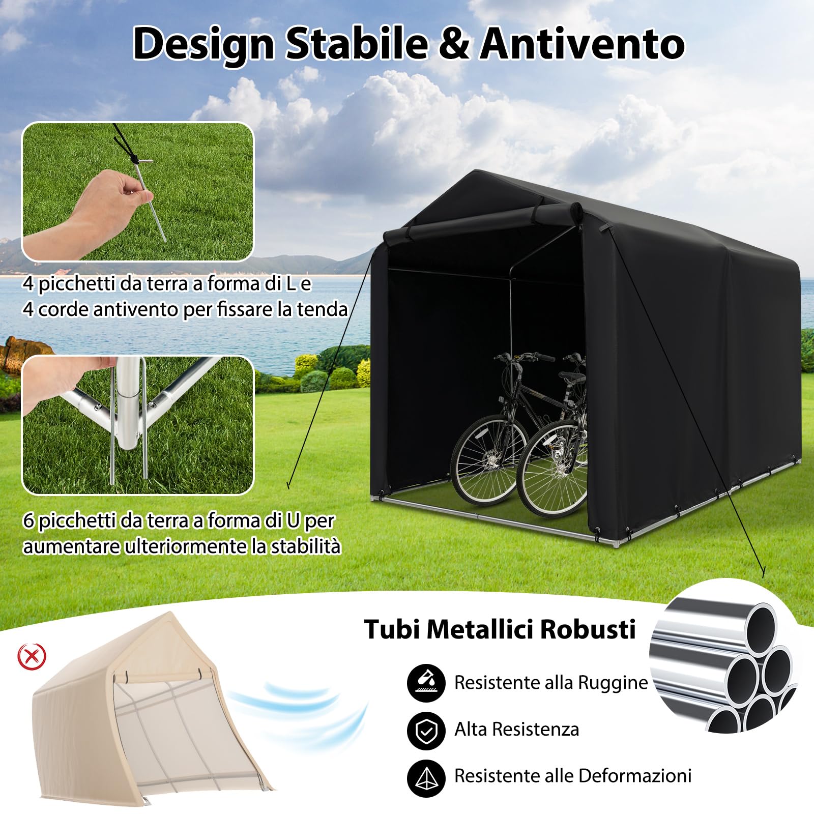 COSTWAY Capanno di Stoccaggio per Esterni, Garage Portatile per Biciclette, Motociclette, Attrezzi da Giardino, Carport per Bici con Porta a Rullo e Cerniera, 160 x 218 x 164 cm (Grigio Scuro)