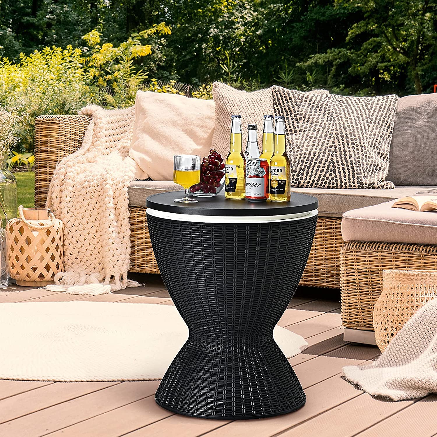 COSTWAY Mesa Nevera para Jardín, Cool Bar Terraza, Mesa Auxiliar con Gancho,Asa,Tapa Extraíble y Orificio de Drenaje para Fiesta, Exterior, Capaciadad de 30 L (Negro)