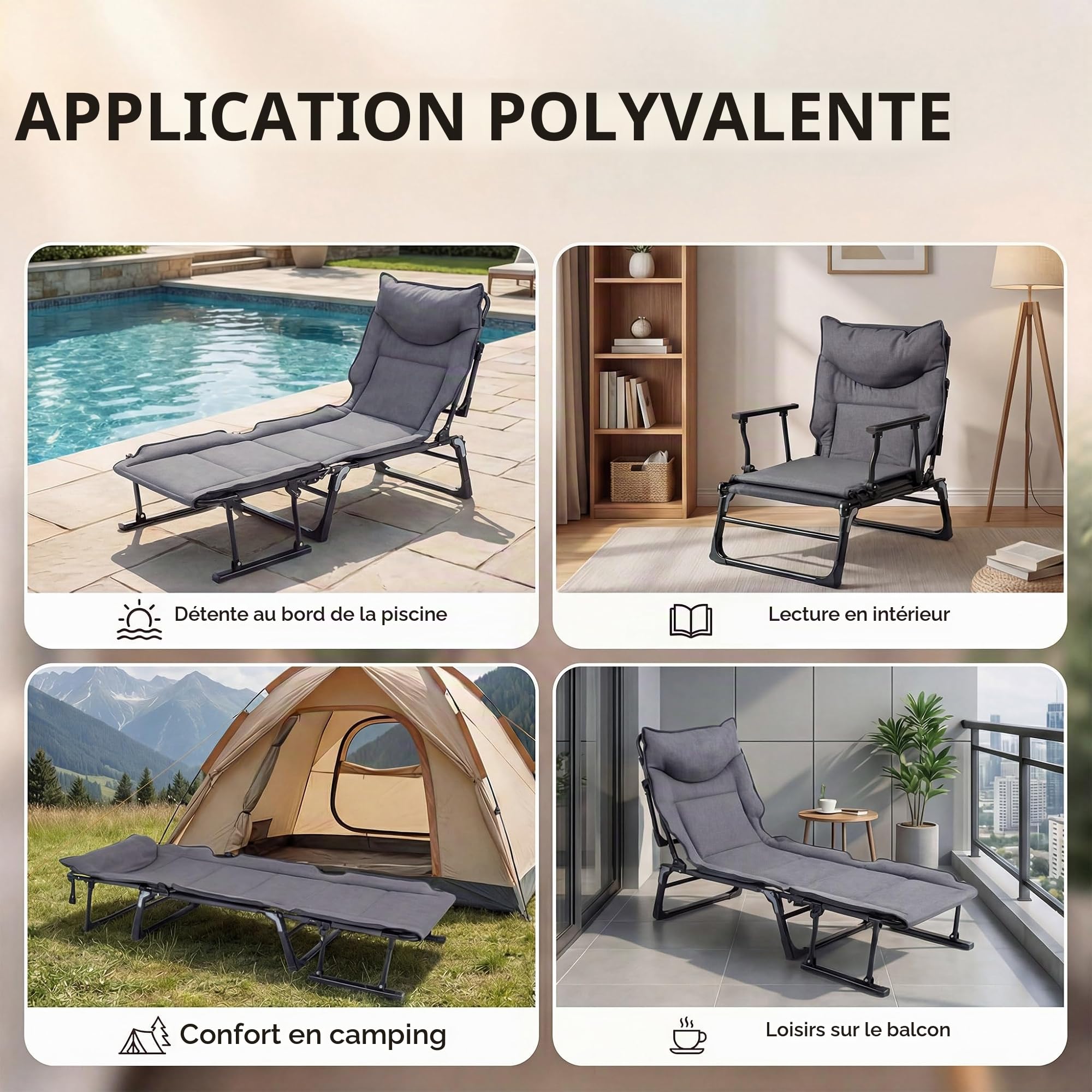 Giantex Lit de Camping Pliable 1 Personne avec Oreiller Intégré, Dossier Réglable 6 Positions et Verrouillage, Structure Tube Carré, Chaise Longue Pliante pour Extérieur et Maison, Charge 200 kg