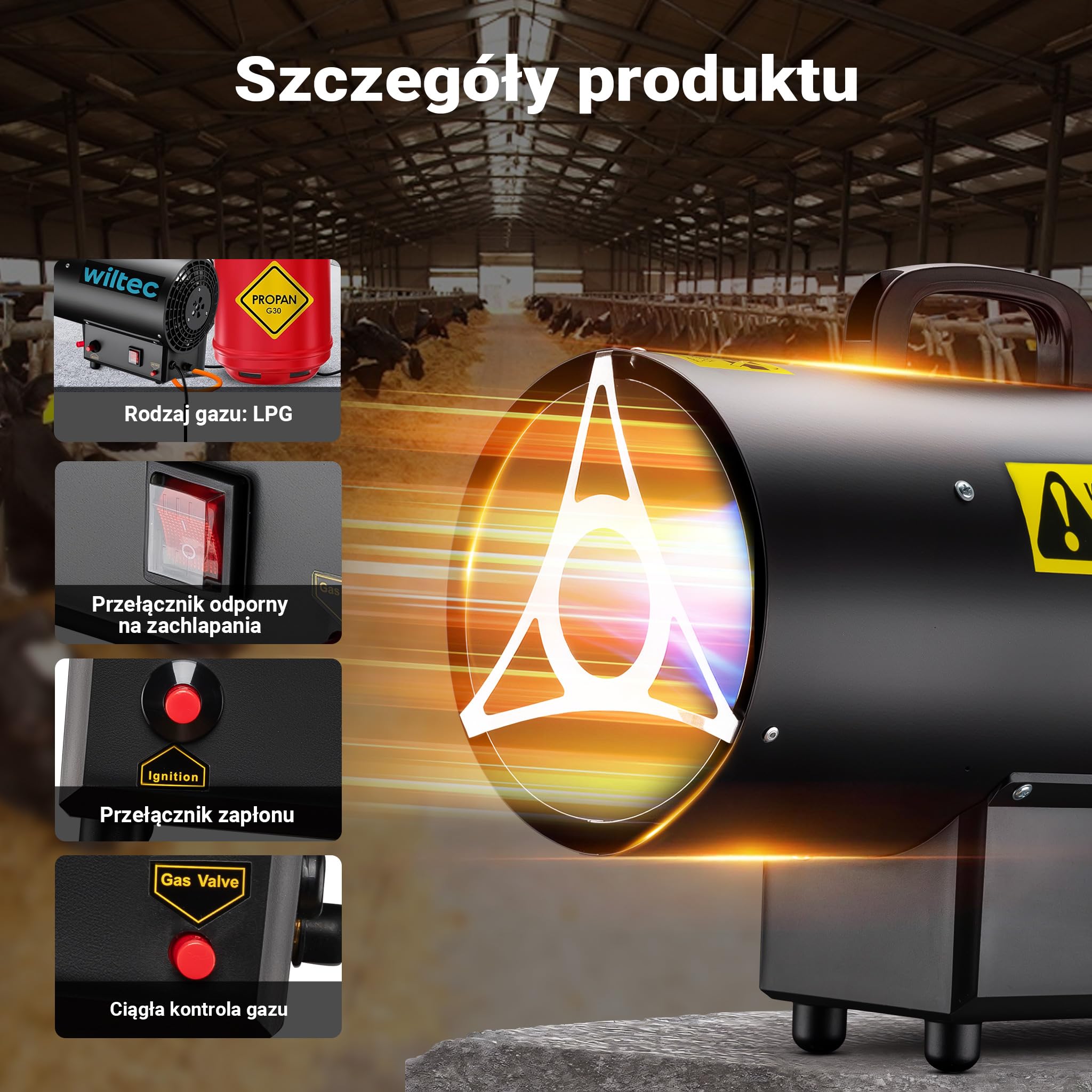 Wiltec Nagrzewnica gazowa 15 kW, przemysłowa dmuchawa do dużych powierzchni, ogrzewacz gazowy z piezoelektrycznym zapłonem, nagrzewnica budowlana