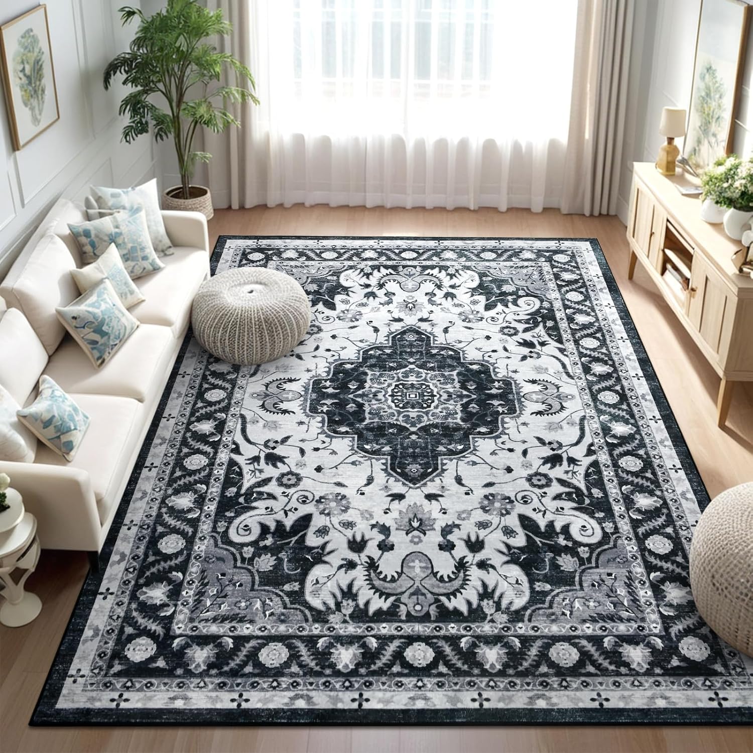 Washable Area Rugs for Living Room 5x7, Non Slip Area Rugs for Bedroom, Vintage Print Rug Low Pile Distressed Carpet for Office Dining Room Farmhouse Home Decor, Dark Grey Dark Grey 5' x 7' (Rectangular)