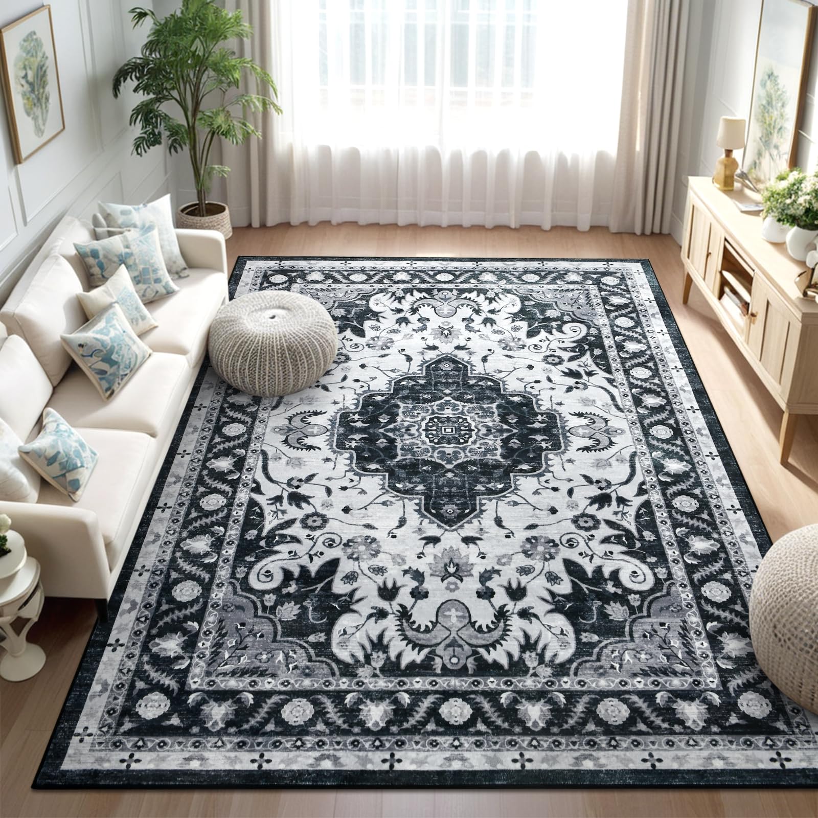 Woottpe Area Rugs for Living Room, 4x6 Washable Non Slip Vintage Rugs, Low Pile Ultra Soft Indoor Print Pattern Carpet for Bedroom, Entryway, Office,