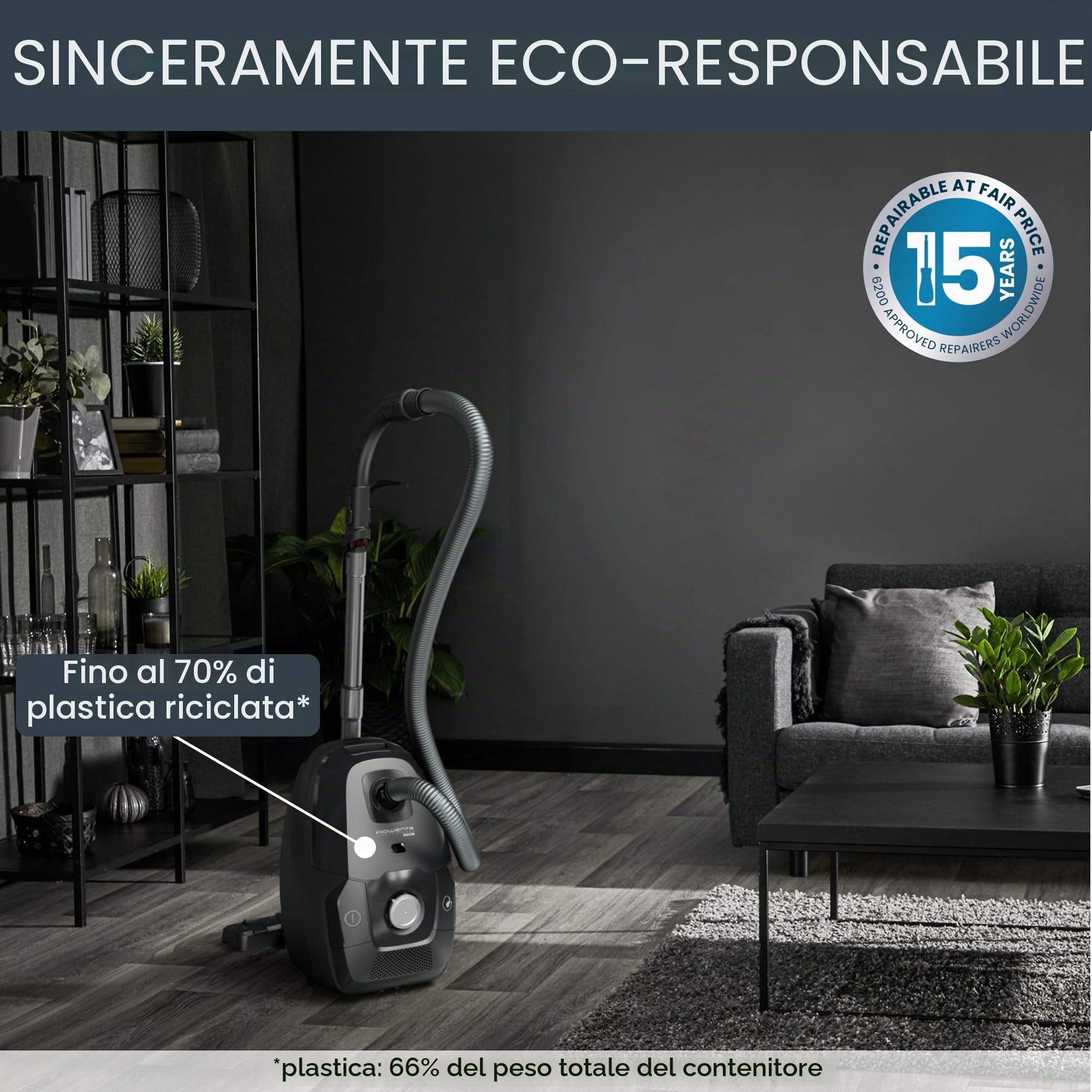 Rowenta RO6136 Green Force Max Silence, Aspirapolvere a Traino, 4,5 L, Motore Potente 900 W, 65 dB(A), Design Compatto, Aspirapolvere Silenzioso e Ecologico con Filtro Hepa e Allergy Kit