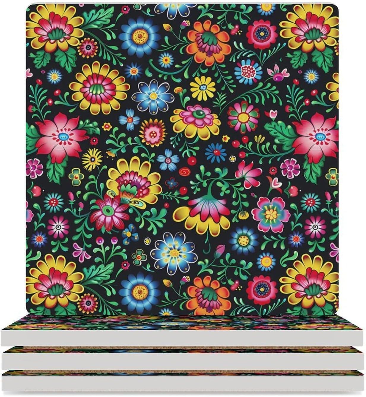 Polish Folk Art Floral Pattern Coaster for Drinks Square Ceramic Table Coasters Stone Mat Crafts 4PCS Home Kitchen Decor