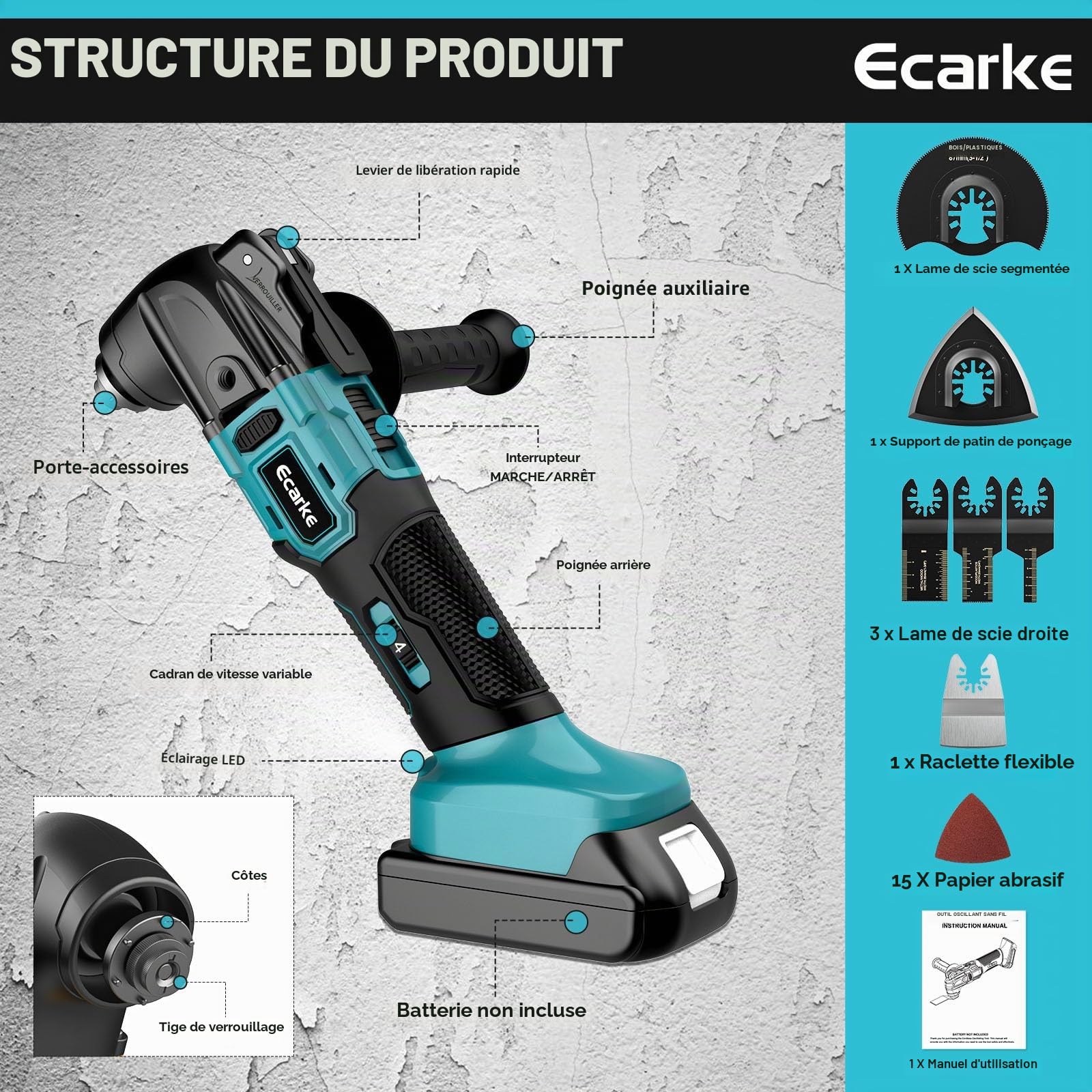 Ecarke Outil Multifonction Sans Fil Compatible avec Batterie Ma-kita 18V Li-Ion, 6 Vitesses Réglables, Moteur Sans Balais pour Enlever, Racler, Couper avec 23 Accessoires(Outils Uniquement)-Bleu