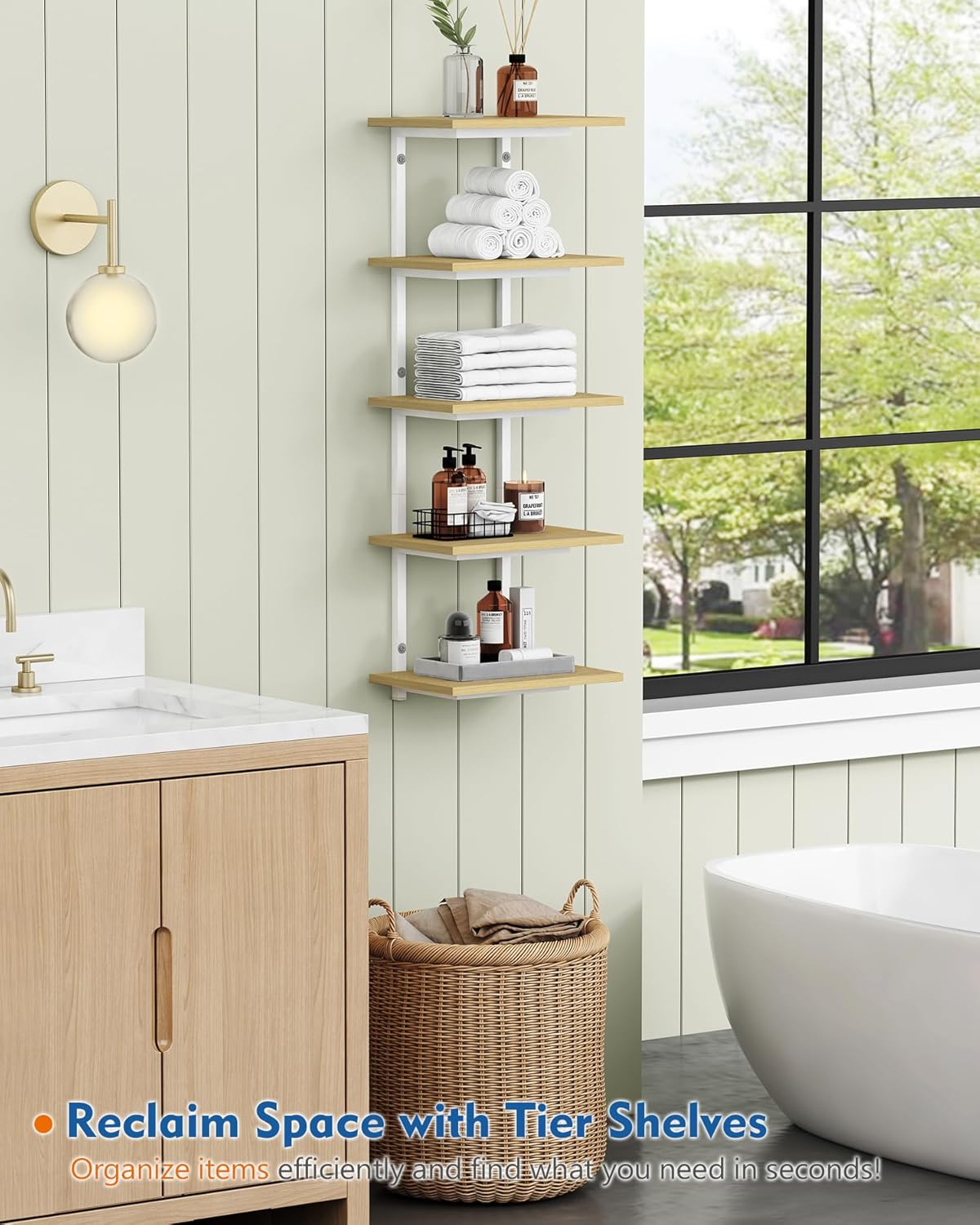 White and Natural Tiered Wall Shelf Unit, 5 Tier Display Floating Shelves, Deep Hanging Wall Shelving Unit for Living Room Plants TV, Bedroom Books, Office Décor (White and Natural Wood)