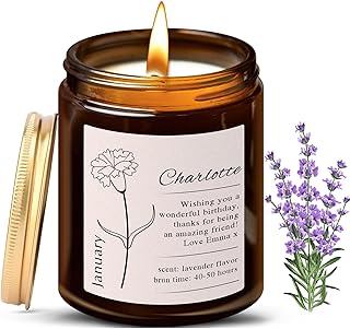 Custom Candle Birthday Gifts for Women, Personalized Birth Month Flower Candles, Birthdate Candles for Women, Customized Birthday Gifts Ideas for Mom,Friend,Wife,Sister - Lavender Flavor