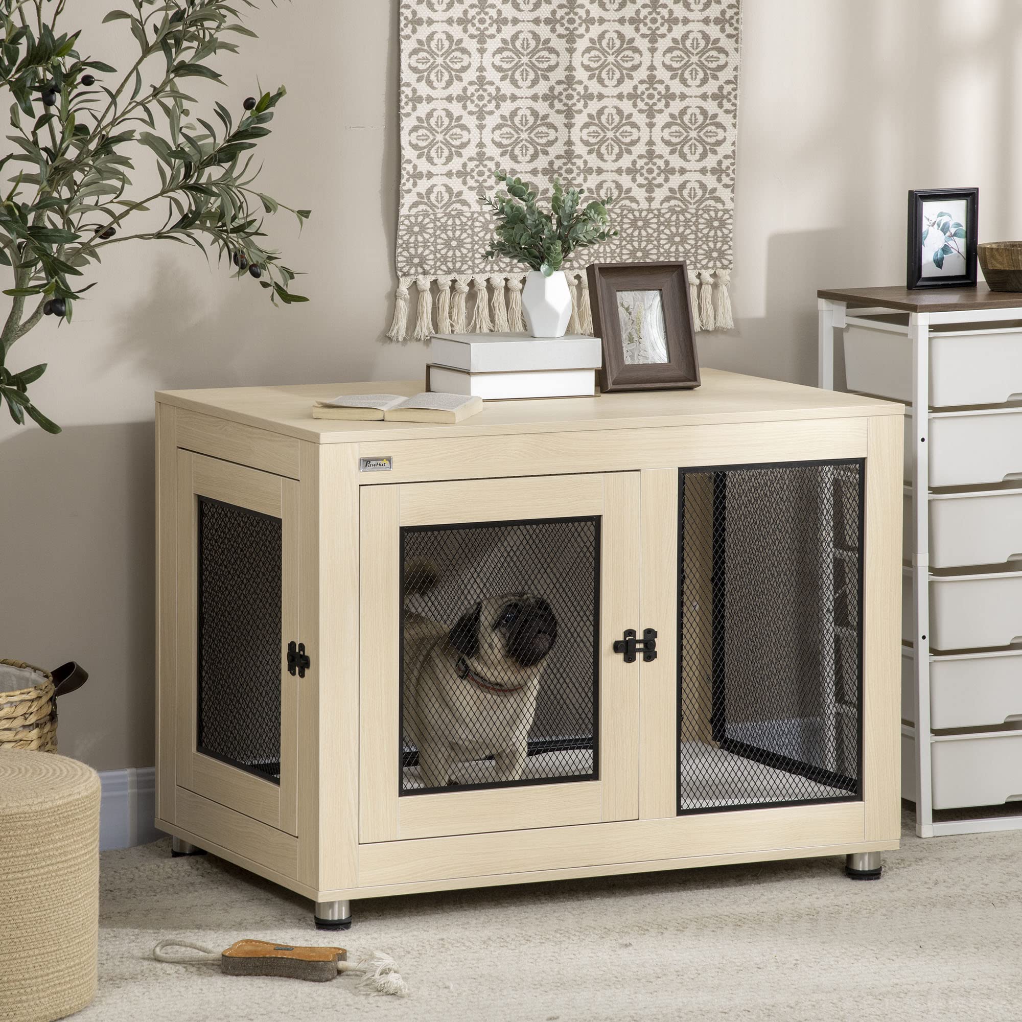 PawHut Cage pour Chiens Interieur, Table d'appoint, Cage Chien de Taille Grand avec 2 Portes, Coussin Amovible, Plateau, résistants aux morsures, 94 x 60 x 71,5 cm, Aspect Bois