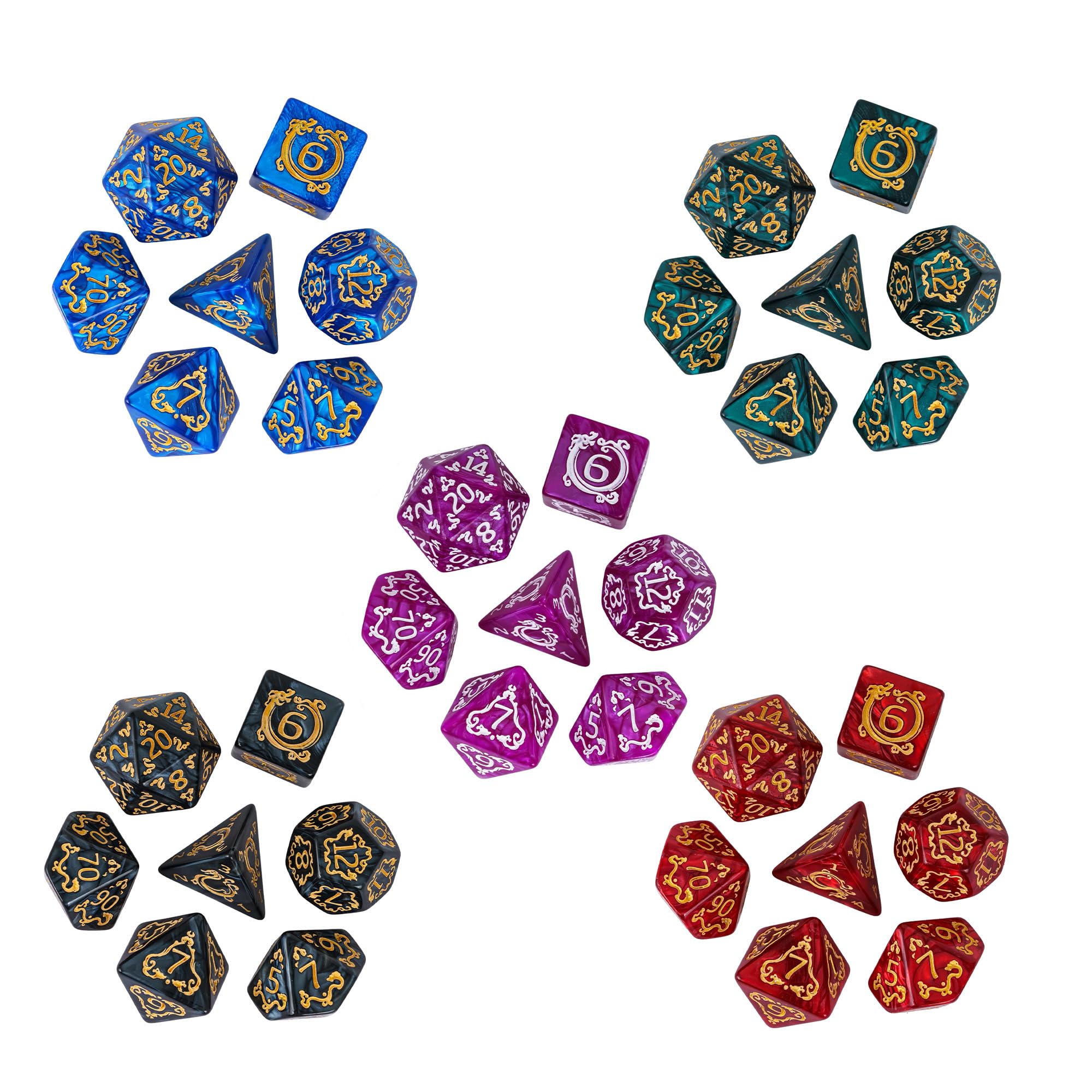 Set di 5 set di dadi poliedrici con motivo drago, 35 pezzi, con borsa in pelle, set di dadi per giochi di ruolo da tavolo