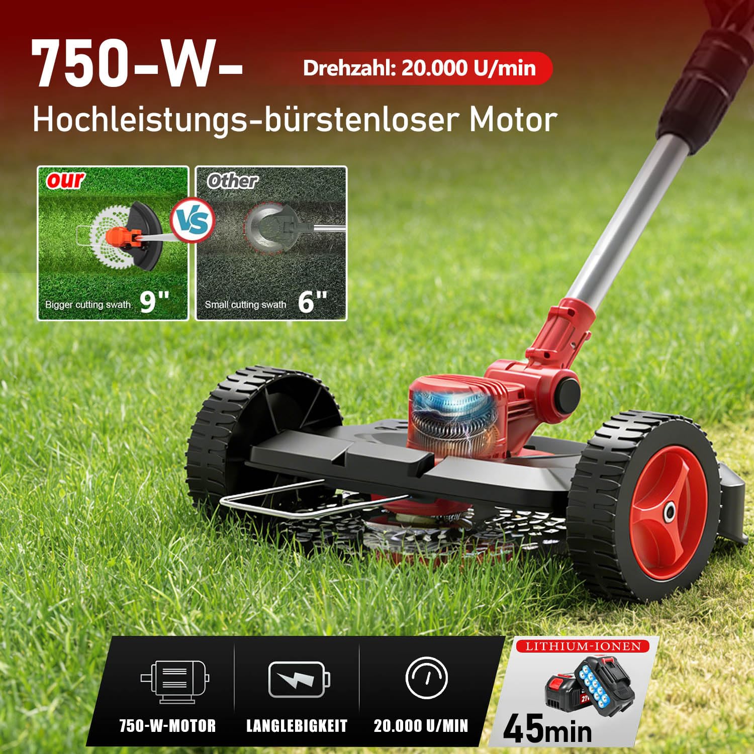 Rasentrimmer mit Akku und Unkrautbürste, 21V Akku Freischneider für Makita Akkus, 6-in-1 rasentrimmer, Freischneider Akku 20000U/min – für Dickicht und hohes Gras