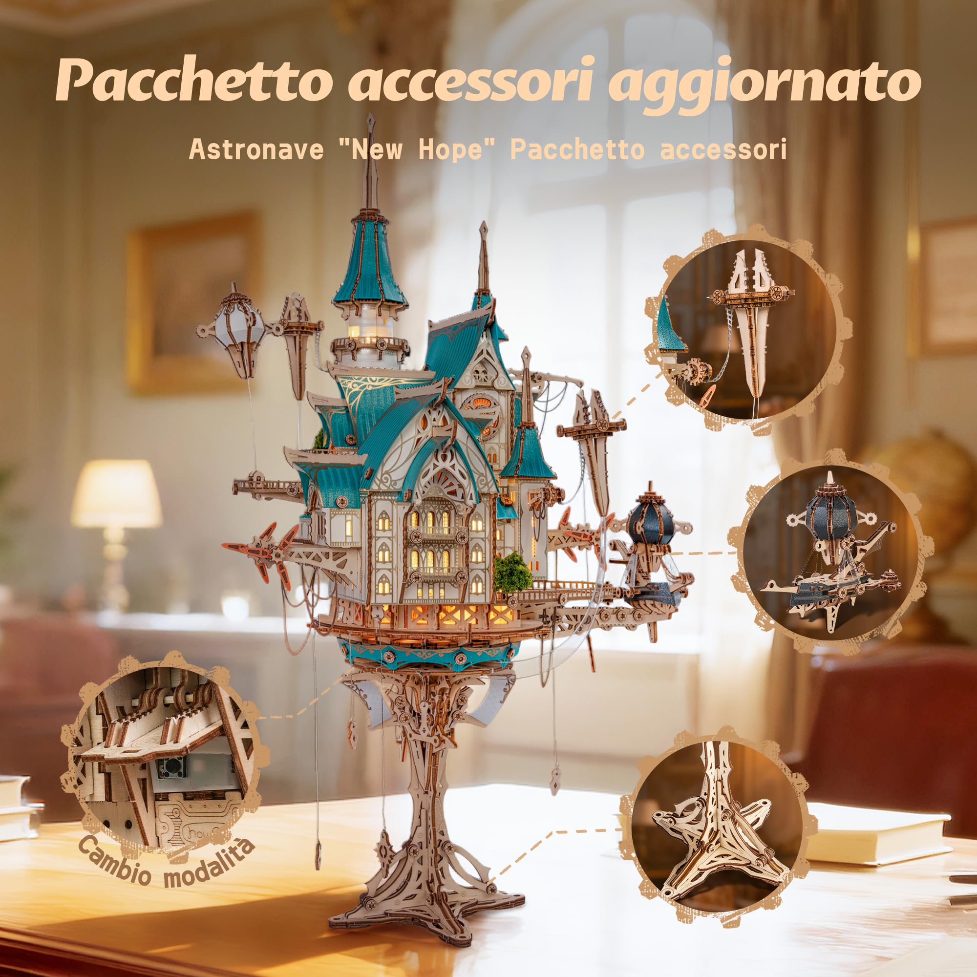 FUNPOLA Puzzle 3D in legno Castello a vapore – Kit di costruzione castello galleggiante steampunk barocco con ingranaggi meccanici, adulti e ragazzi