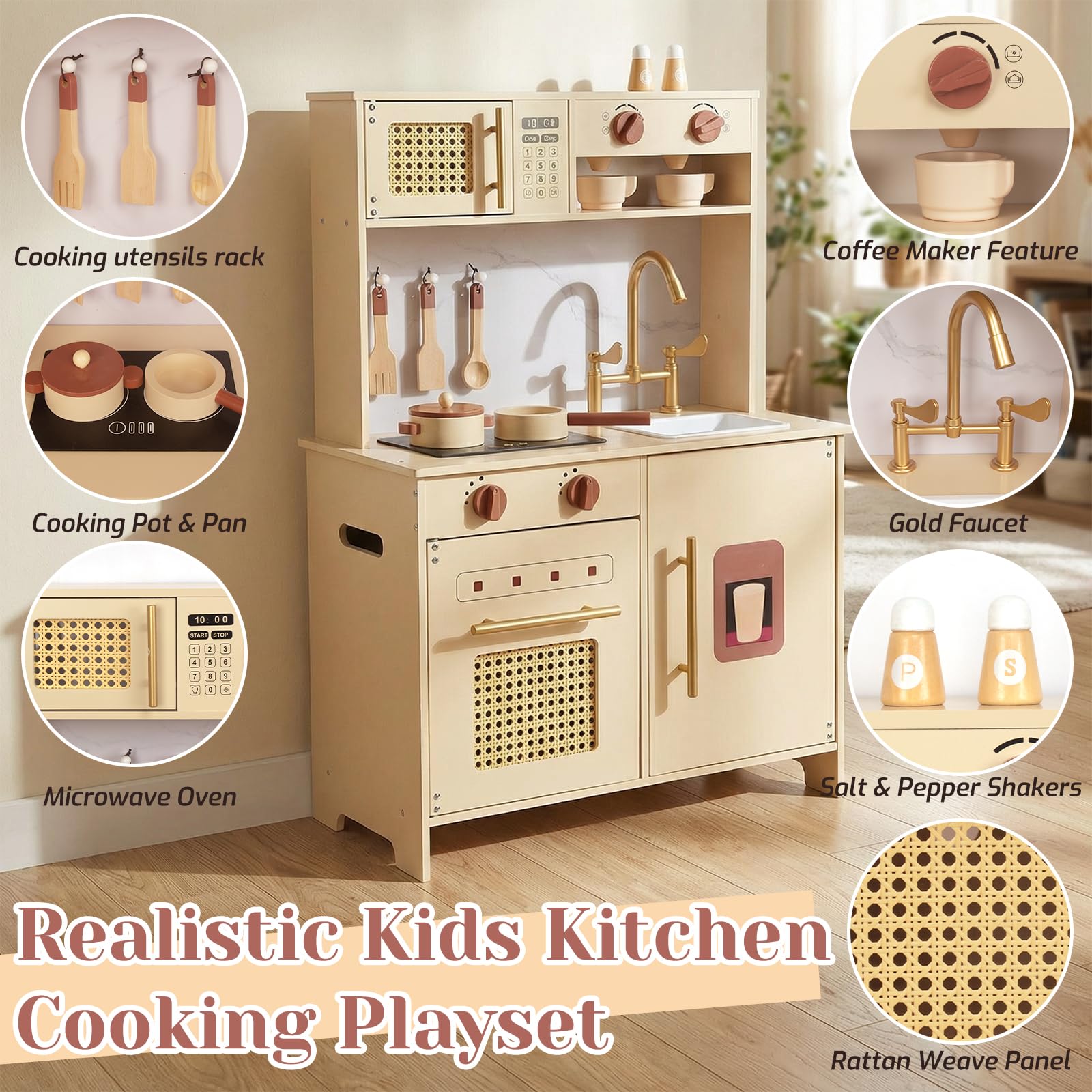 WoodenFun Rosa Retro Kinderküche aus Holz Creme-Beige Spielküche mit Mikrowelle, Backofen, Spüle & Zubehör,Rollenspielzeug Moderne Holzspielküche für Kinder ab 3 Jahren(Gelb)