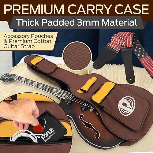 Pyle Semi Hollow Body Electric Guitar Set, 41.8"/106cm Full Size Jazz Instrument Kit w/Gig Bag and Accessories, Matte & Sunburst Finish - 3