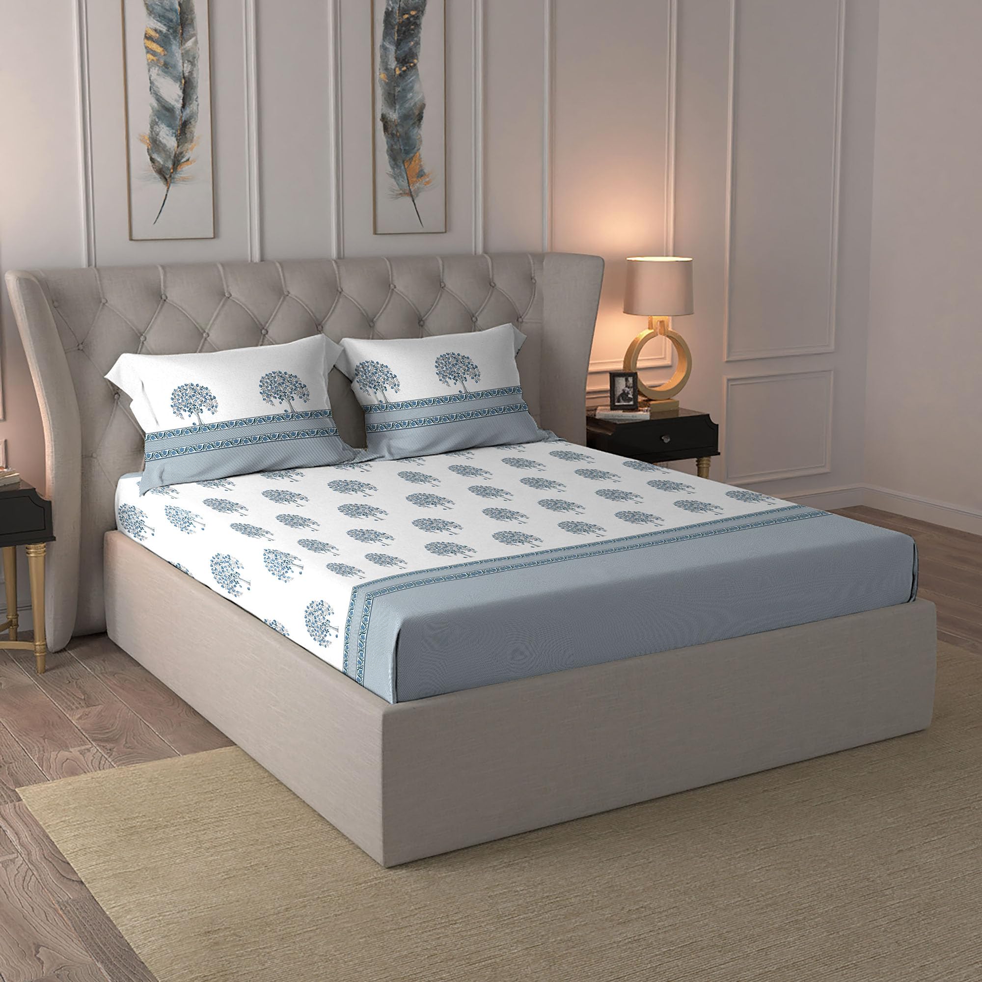 Trident King Size Bedsheet Cotton | Road to Jaipur Collection | 100% Cotton Bedsheet for Double Bed Cotton | 1 King Size Bedsheet with 2 Pillow Covers | Super Soft | 210 Thread Count-Seher Indigo