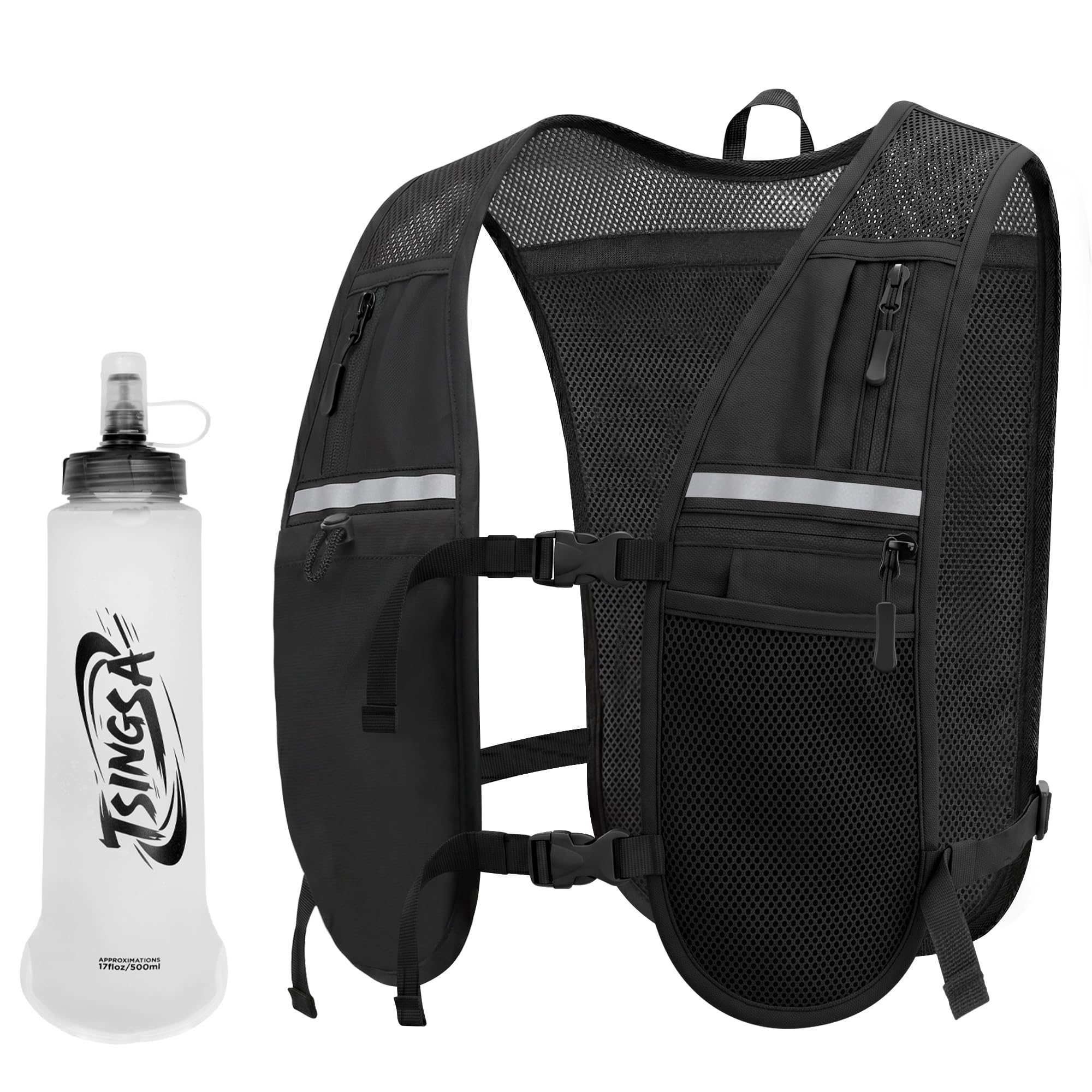 TSINGSA Laufweste Damen und Herren Verbesserte Version, Leicht&Atmungsaktiv, Großvolumige Taschen, Laufrucksack mit 500ml Trinkflasche, Running Vest für Joggen Wandern Bergsteigen Radfahren Marathon