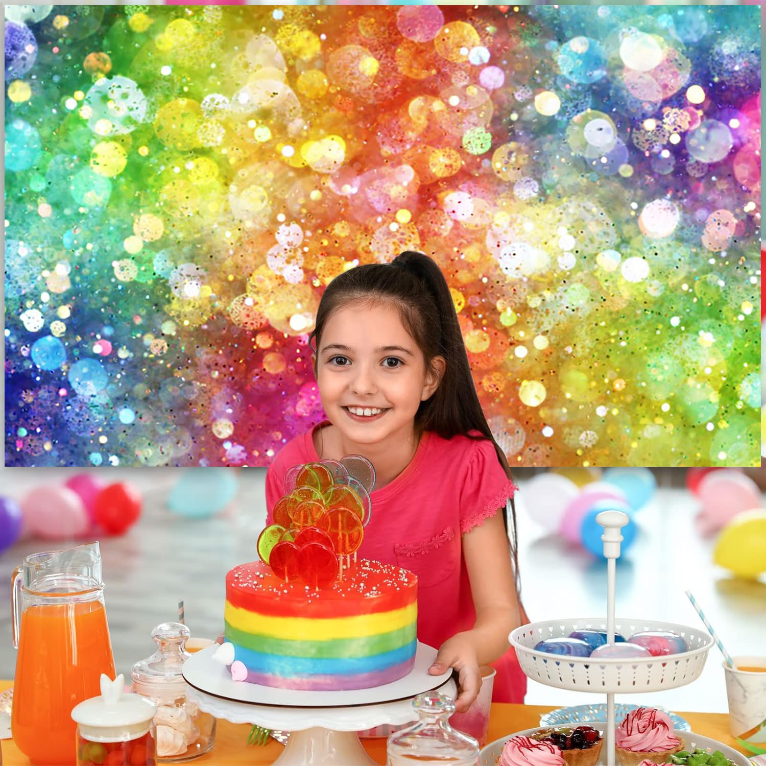Fondale Arcobaleno Glitter Per Foto 2.1x1.5m | Sfondo Buon Compleanno Per Decorazioni E Ritratti - 4