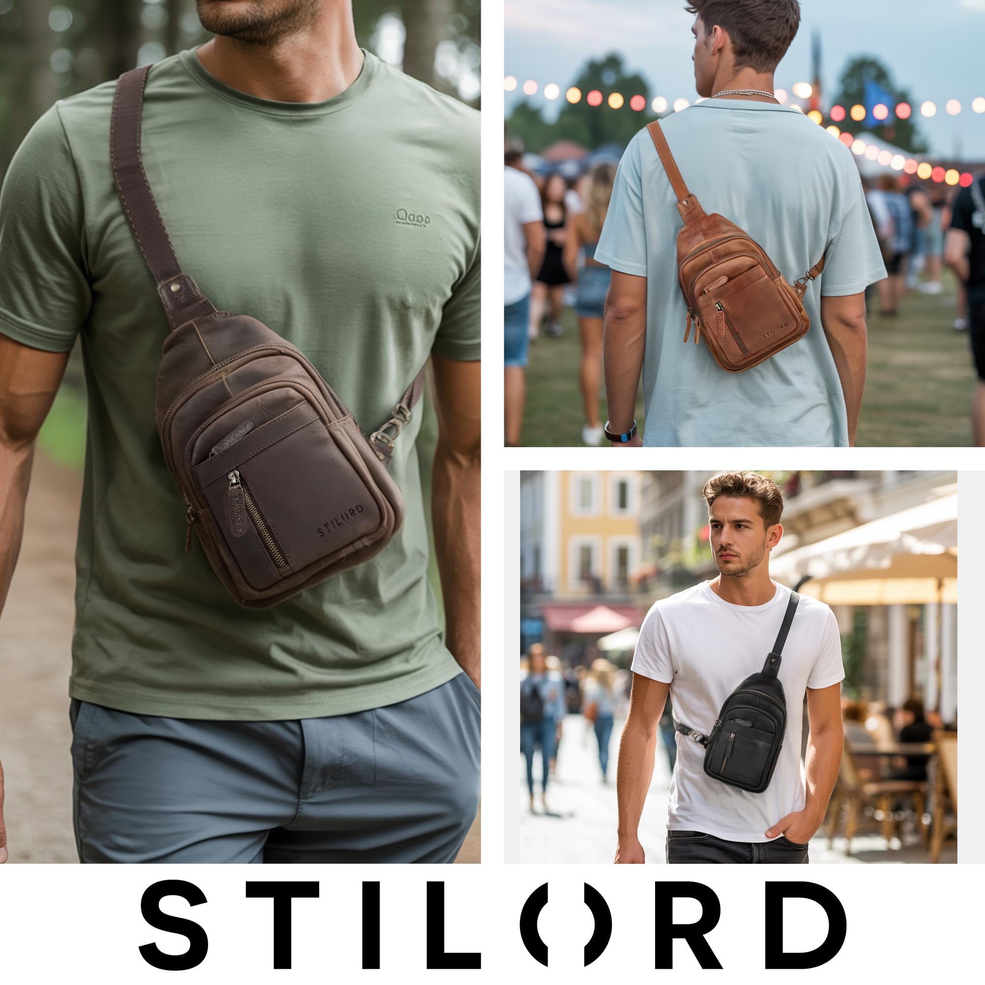 STILORD "Montego 2-in-1 Sling Bag Herren Leder Brusttasche Schultertasche | Große Ledertasche Crossover Chest Bag Echtleder Umhängetasche Herrentasche zum Umhängen Farbe:schwarz