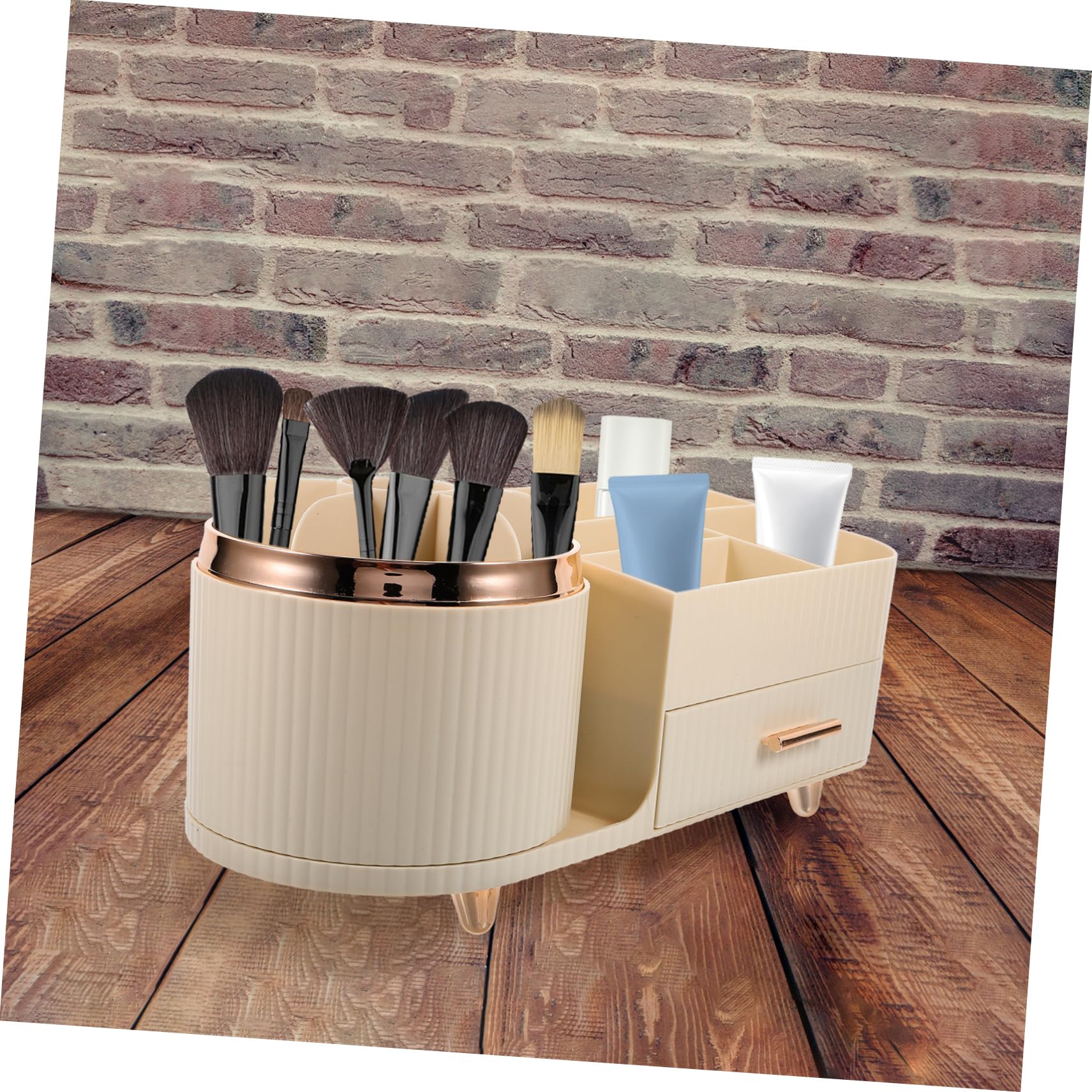 Drehbarer Große Aufbewahrung Make mit Schublade und Fächern Pinselhalter Up Kunststoff Beige für Schminktisch und Schreibtisch