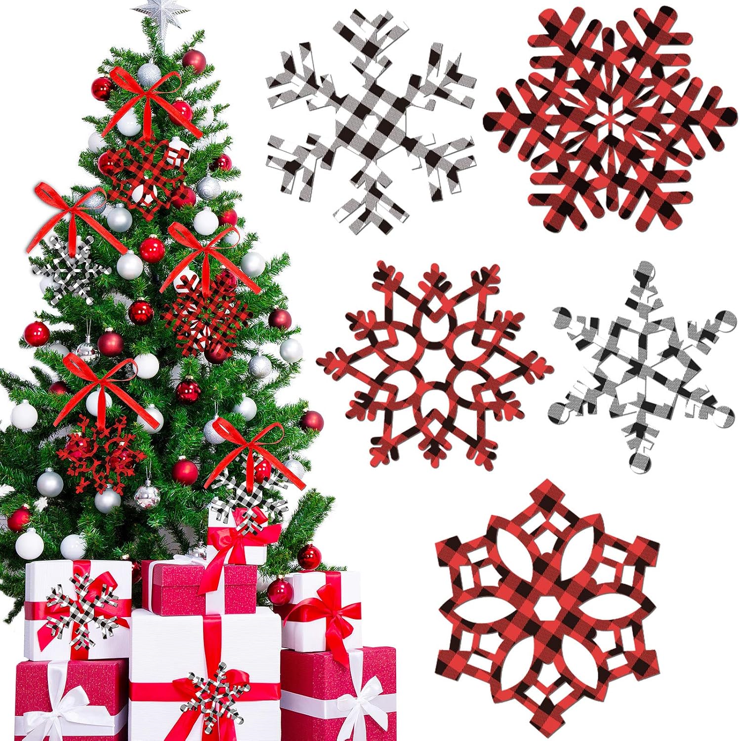 60 Pieces Christmas Snowflakes Cutouts Ornaments Red White Black Buffalo Plaid Christmas Snowflake Paper Cutouts with Ribbon for Christmas Party Decor Accessories (Simple Style)