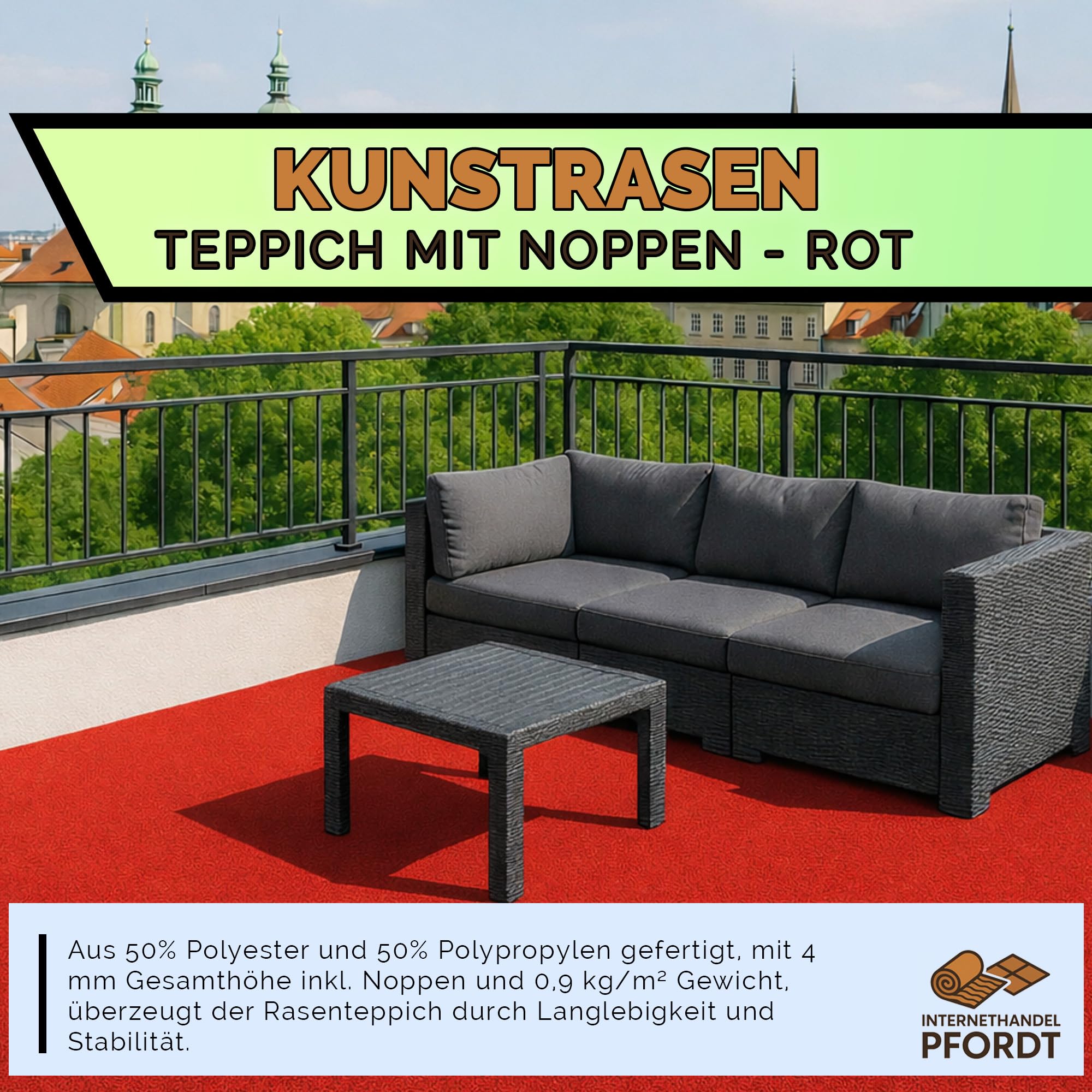 Kunstrasen 100x400 cm Rot, Rasenteppich mit Noppen, Outdoor Teppich wetterfest und pflegeleicht für Balkon, Terrasse und Garten