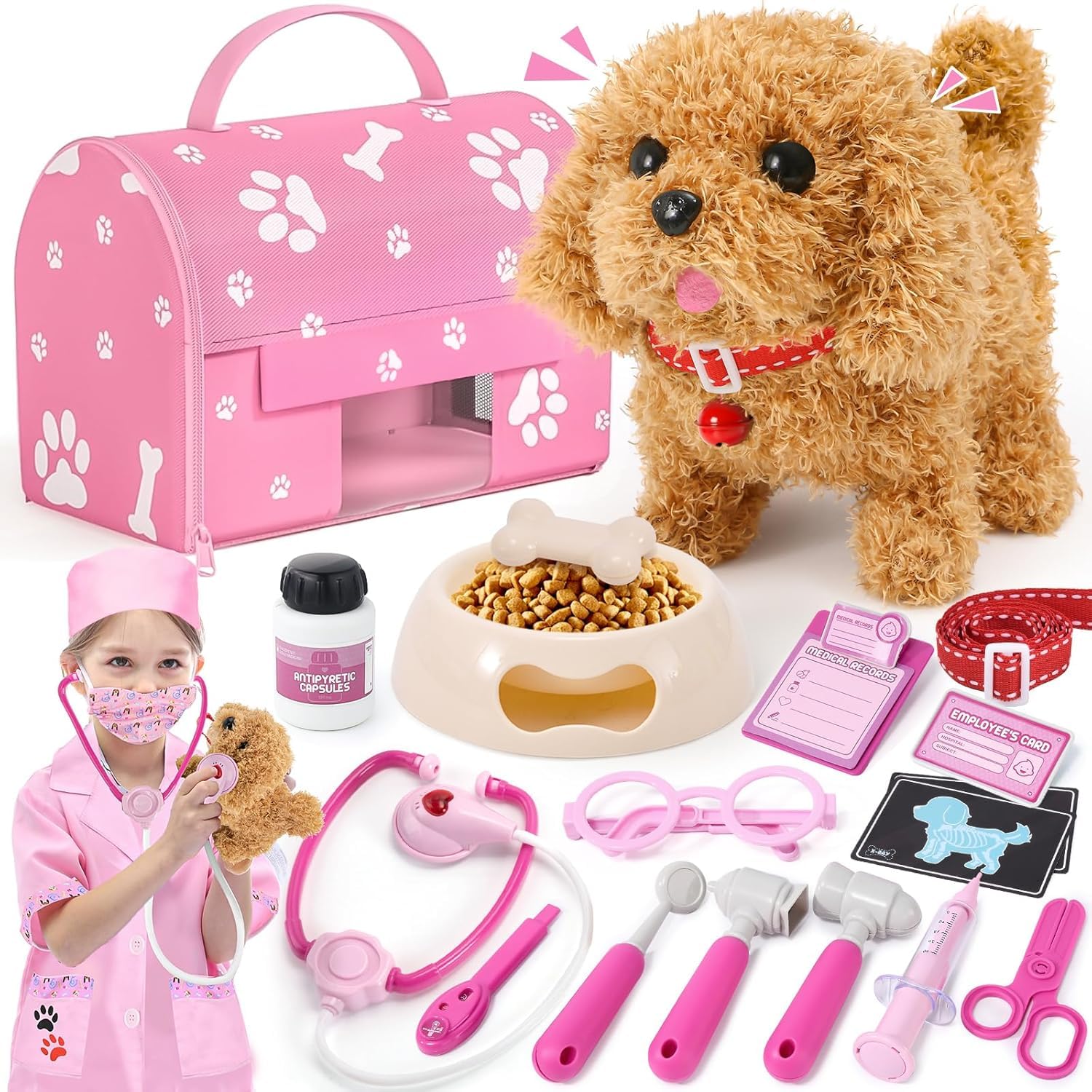 Kit Vétérinaire Enfant Avec Chien Interactif - Mallette Docteur + Peluche électronique + Déguisement - Jeu De Rôle 3-6 Ans