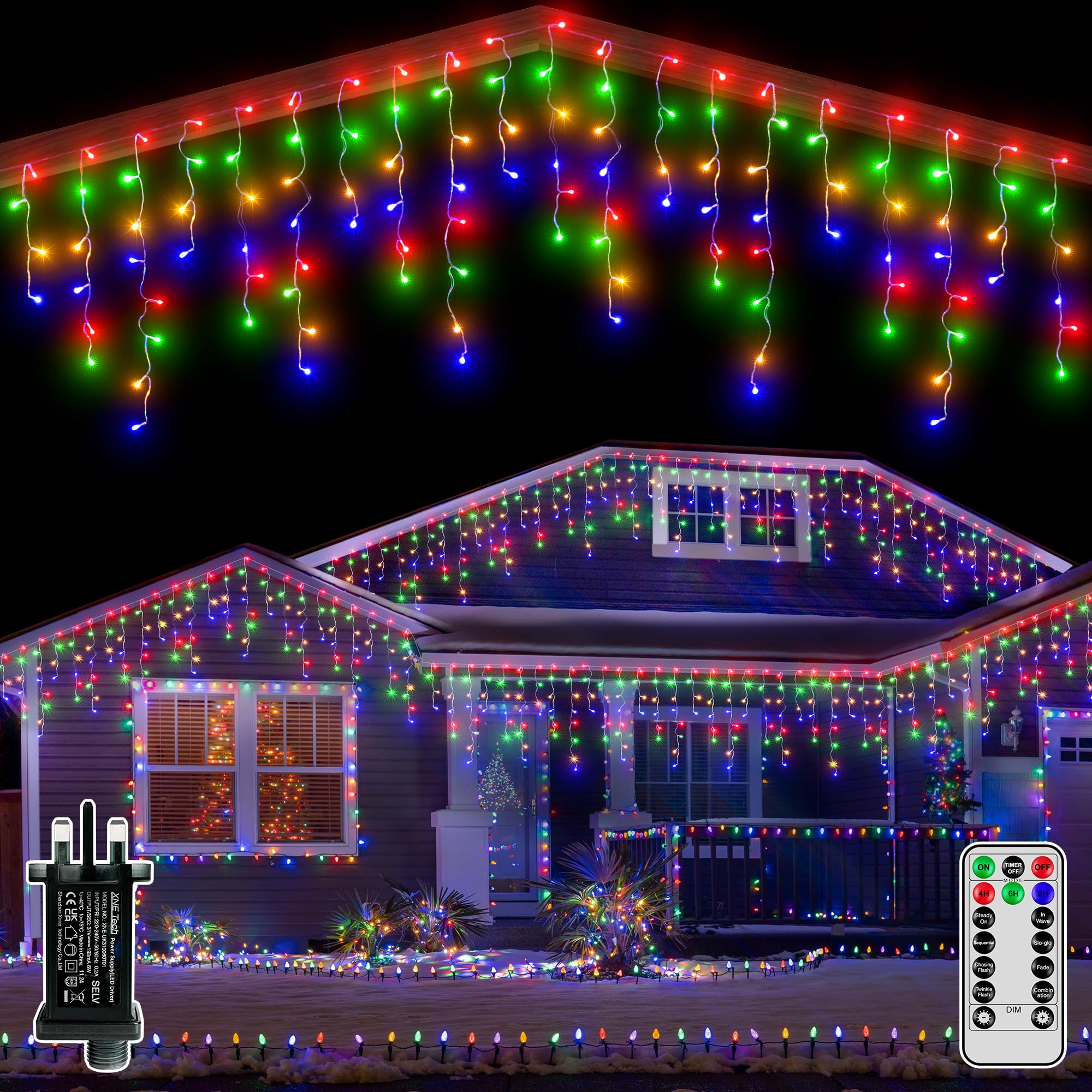 Hopexy Icicle Outdoor Christmas Lights, 600 LEDs 15m Waterproof Connectable Outside Fairy Light Mains Powered, Multicolour Hanging String Light Plug in, for House Roof Porch Gutter Xmas Decorations