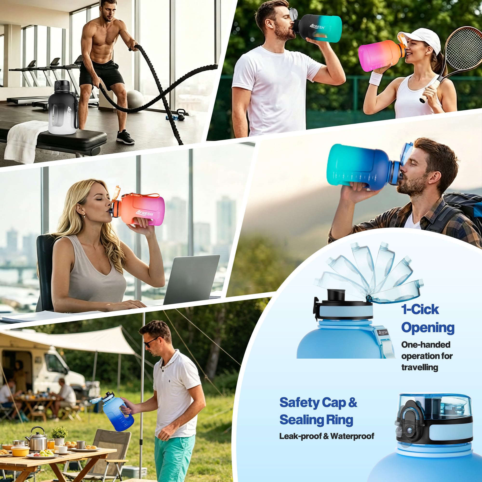 Borraccia Gallon 2300 ml 2,3 L con Manico, Antiperdita, Apertura con 1 Click, Senza BPA in Tritan, Contenitore Robusto per Fitness, Palestra e Camping, Borraccia Sportiva Extra Grande