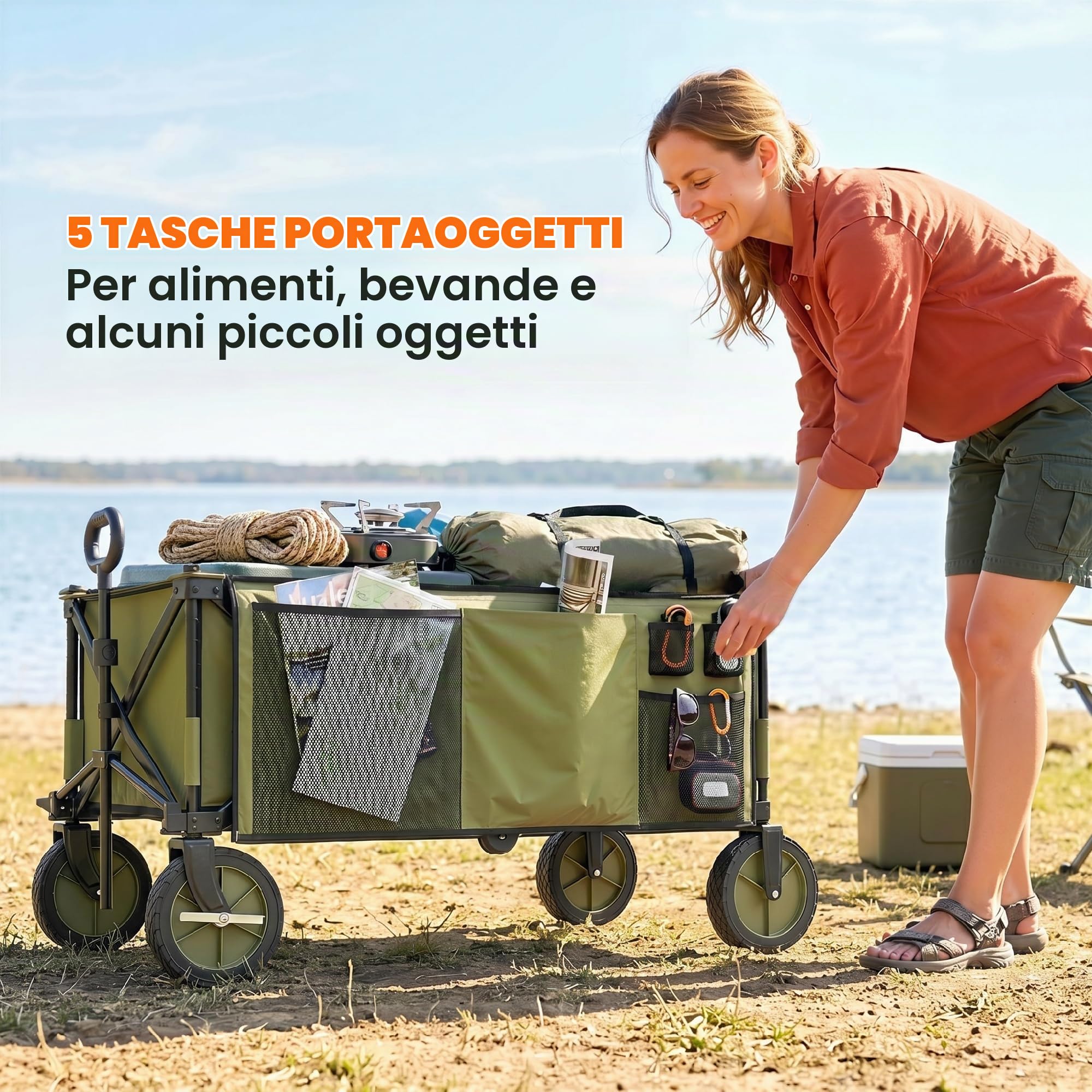 Outsunny Carrello da Giardino Pieghevole 125L 108x55x93 cm Verde | in Acciaio e Tessuto Oxford con Maniglia Retrattile e 5 Sacche