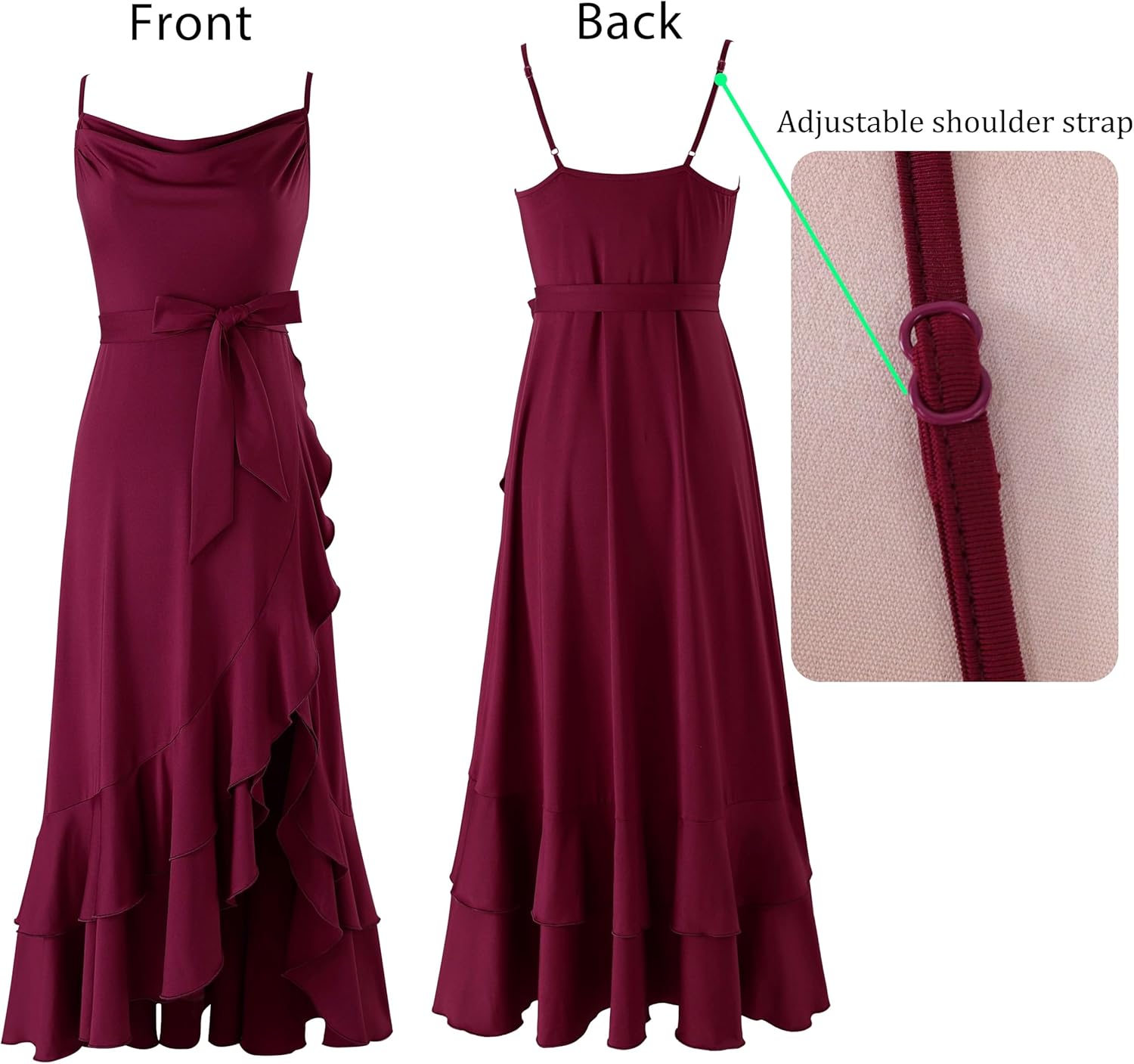 VFSHOW Womens 2025 Spaghetti Strap Cocktail Maxi A-Line Dress Cowl Neck Backless Flowy Ruffle High Low Wedding Guest Dress - Image 5