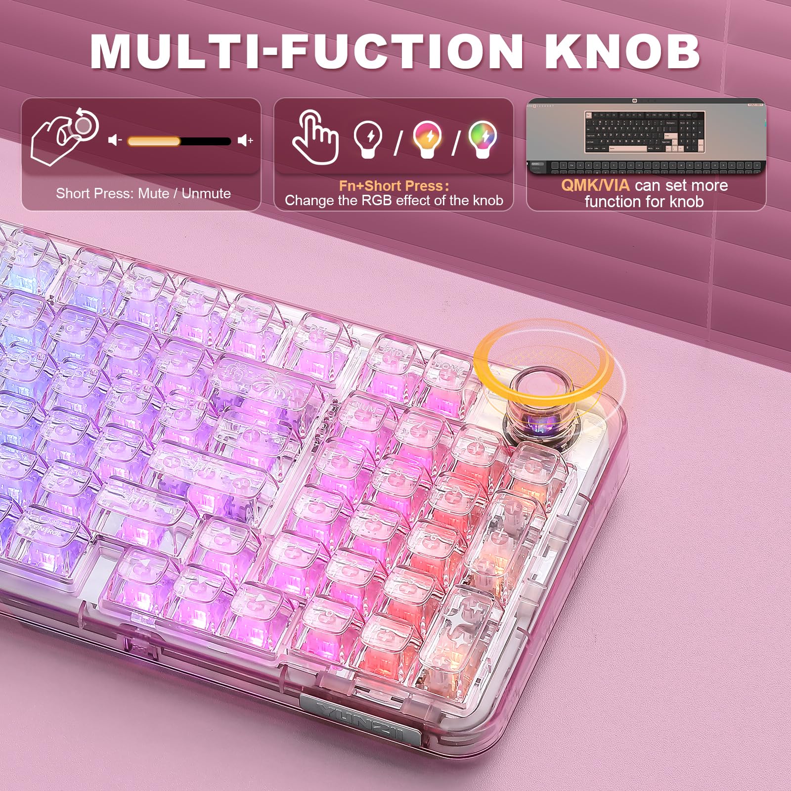 YUNZII X98 QMK/VIA Wireless Mechanical Gaming Keyboard with Knob,Tri-Mode BT5.0/USB-C/2.4GHz Hot Swappable Keyboard,Pre-lubed Switches Gasket Mount RGB Backlit for Wins/Mac (Purple, Snow Switch): Pink Snow Switch